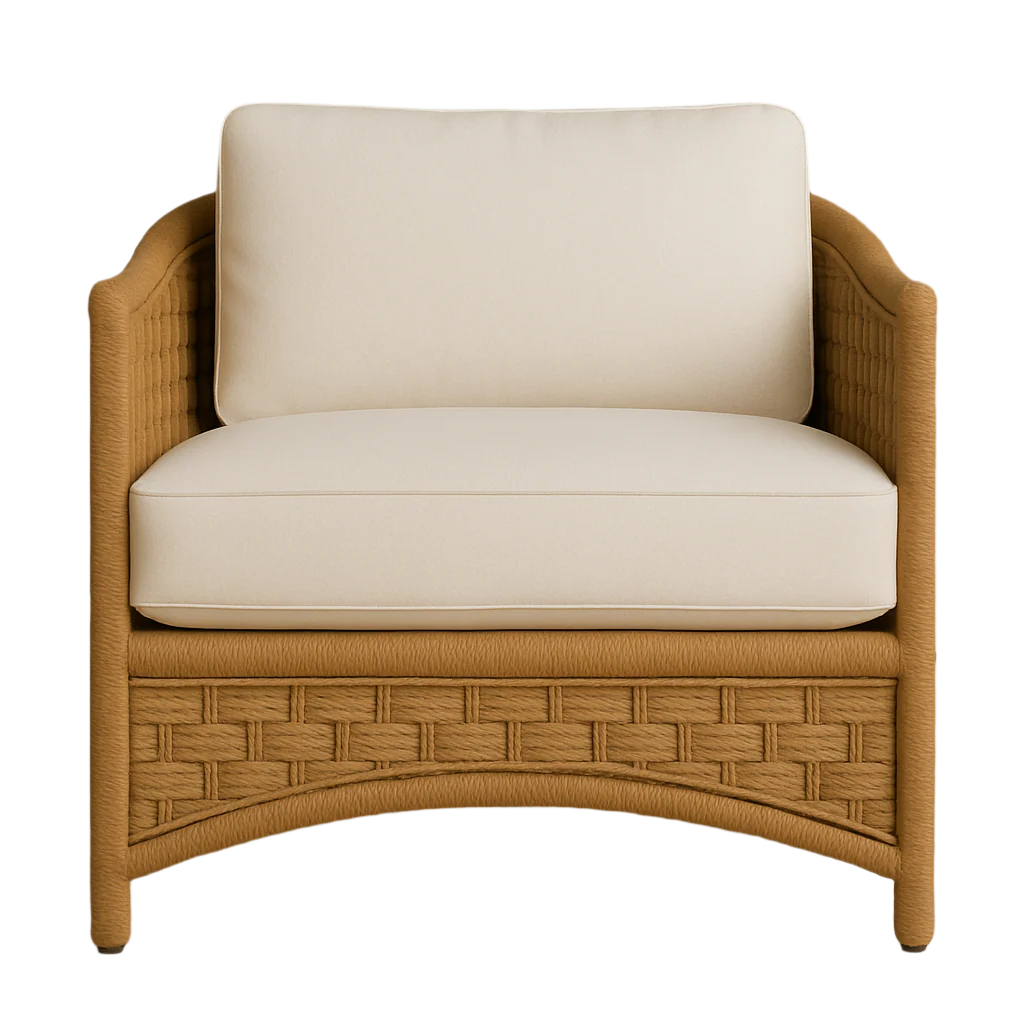 Front-facing boho all-weather synthetic rattan accent chair with warm tan woven frame, cream cushioned seat and back, curved arms and arched woven base for outdoor or patio use.