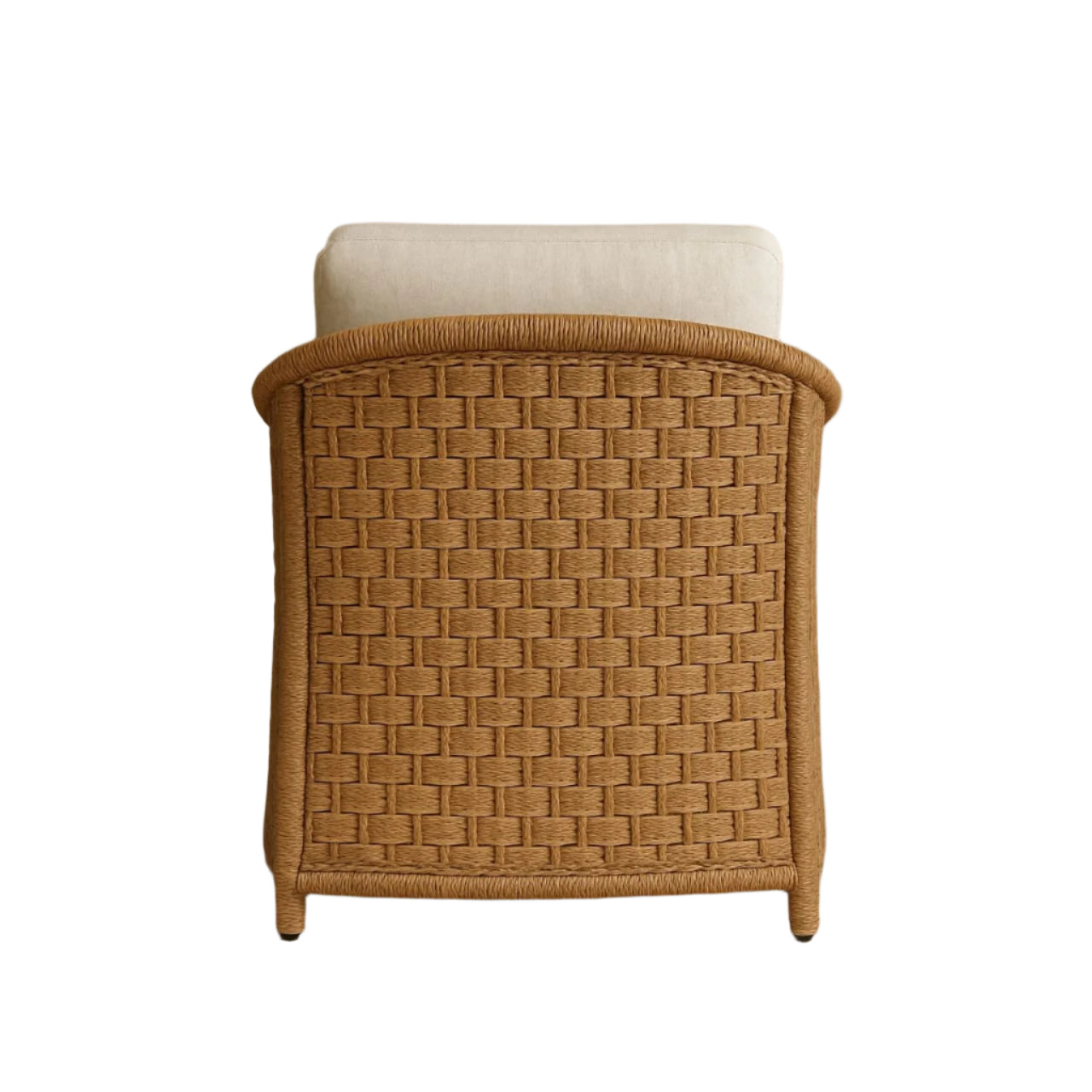 Back view of a boho outdoor all-weather rattan accent chair featuring a tight tan woven synthetic wicker back and rounded frame, topped by a cream seat cushion.