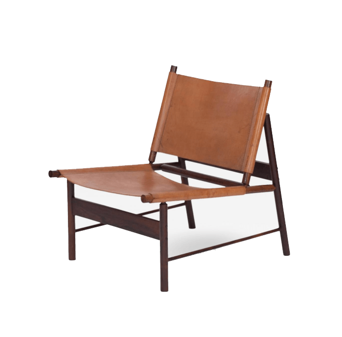Armless mid-century modern lounge chair with tan stretch leather sling seat and back mounted on a dark teak wood frame.