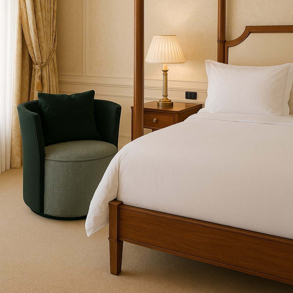 Dark green swivel accent chair with a wool-textured light-green seat and matching pillow, leather-trimmed frame, positioned beside a wooden bed and nightstand with a lamp in a neutral bedroom.