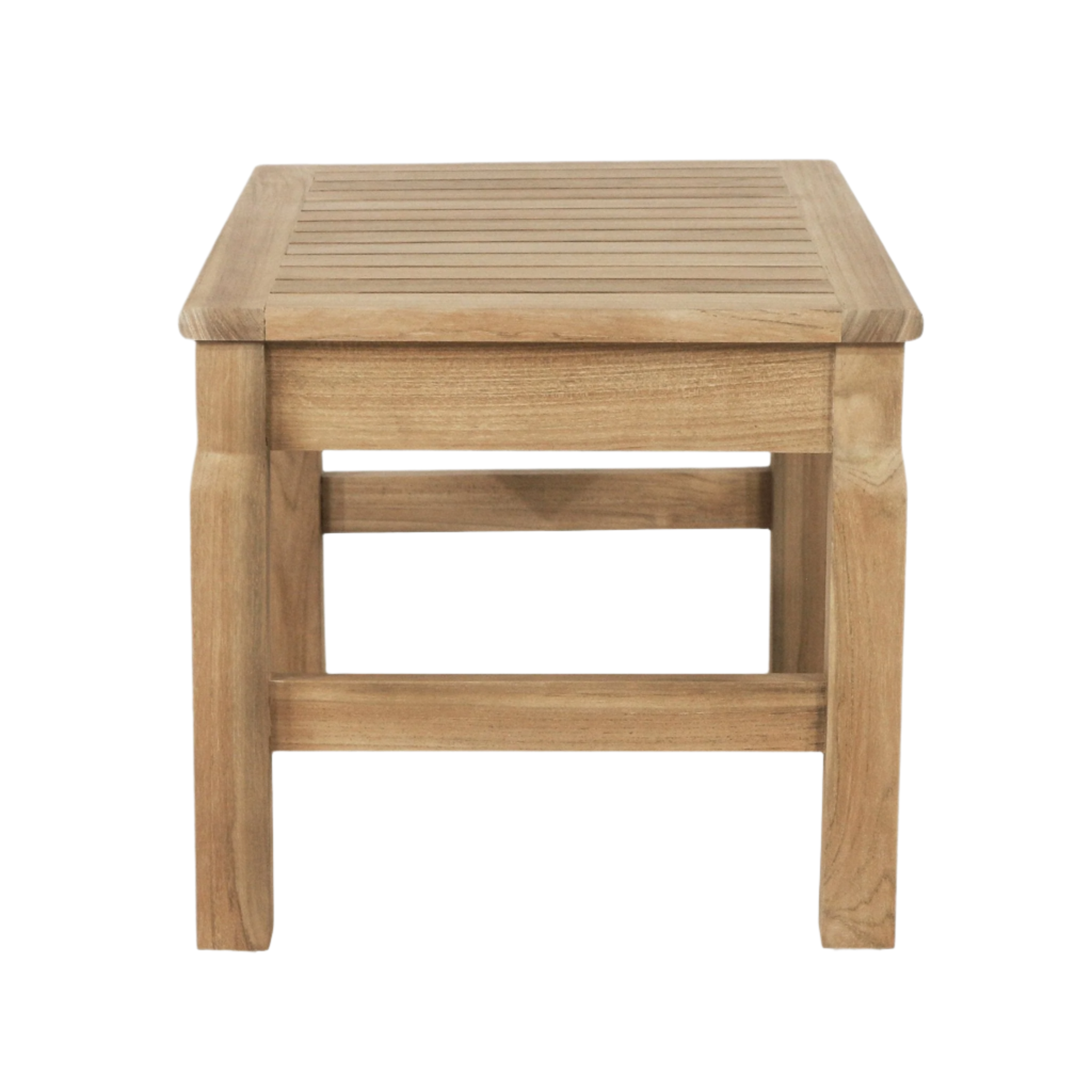 Front view of a compact rectangular teak shower bench in a natural finish, mid-century modern style, with a slatted top, solid wood legs and stretcher supports.