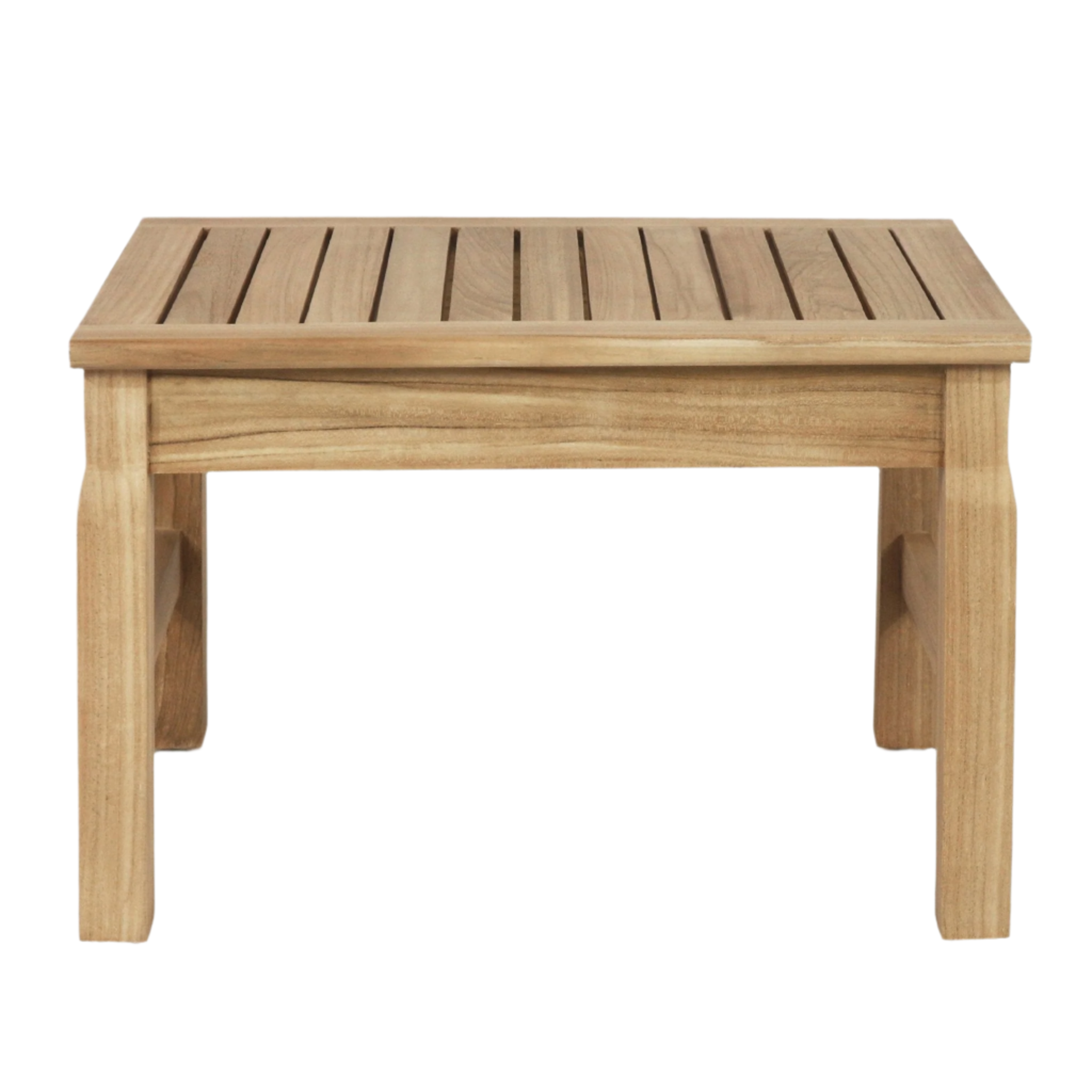 Front view of a mid-century modern teak shower bench in natural finish, showing a slatted rectangular top and four solid wood legs, a compact stool for bathroom seating or holding shower accessories.