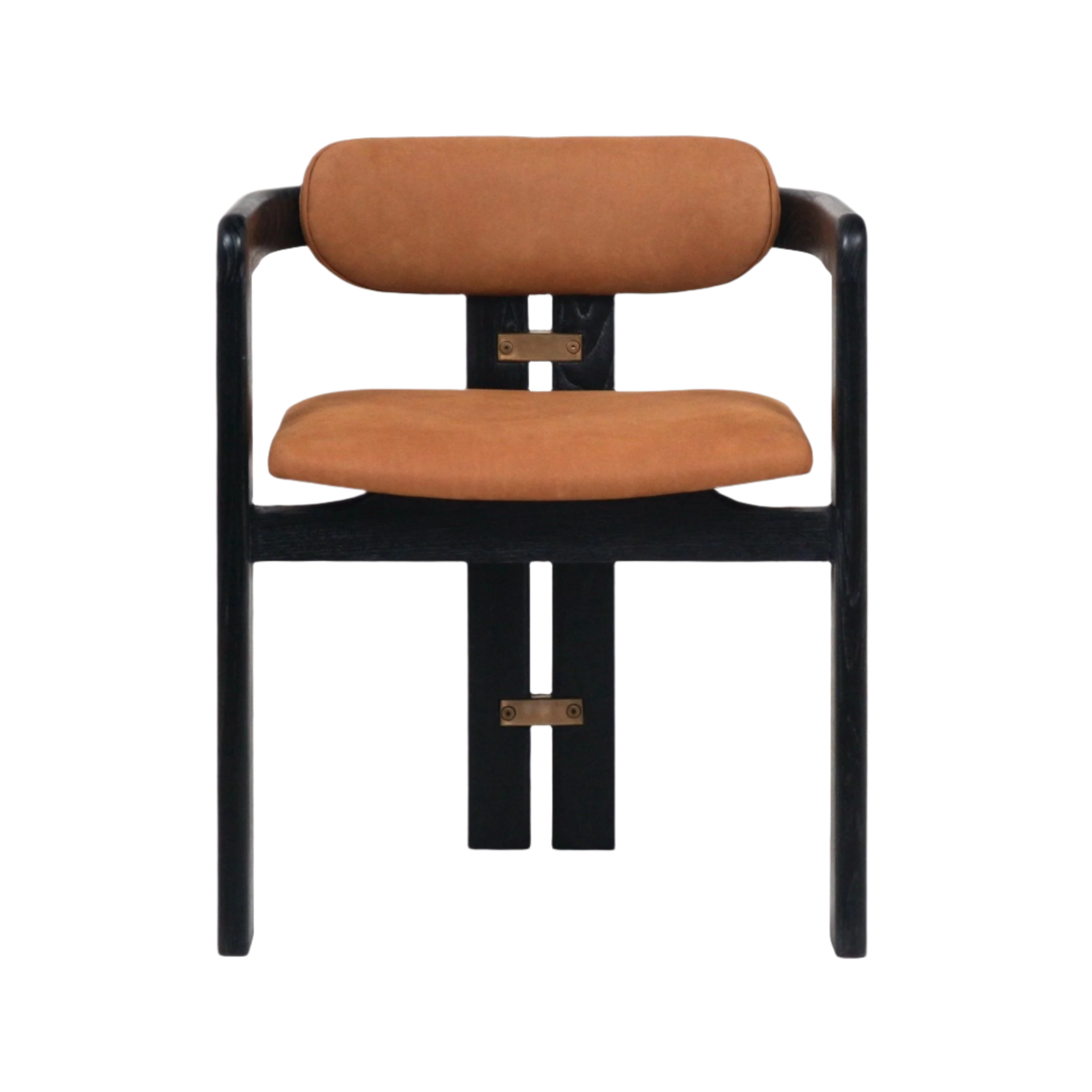 Front-facing dining chair with a black teak wood frame and curved arms, tan nubuck leather seat and rounded back cushion, accented by small brass connector plates on the center support.