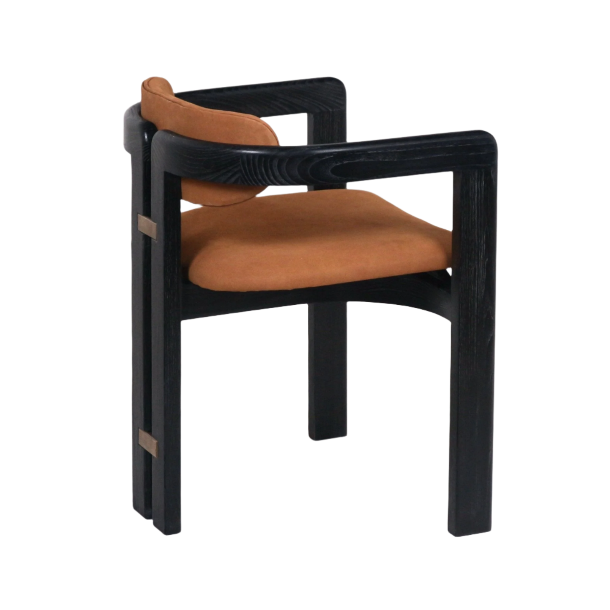 Side view of a contemporary dining chair with a black stained solid wood frame, tan nubuck leather seat and small padded back, curved open armrests and brass accent plates on the rear leg.