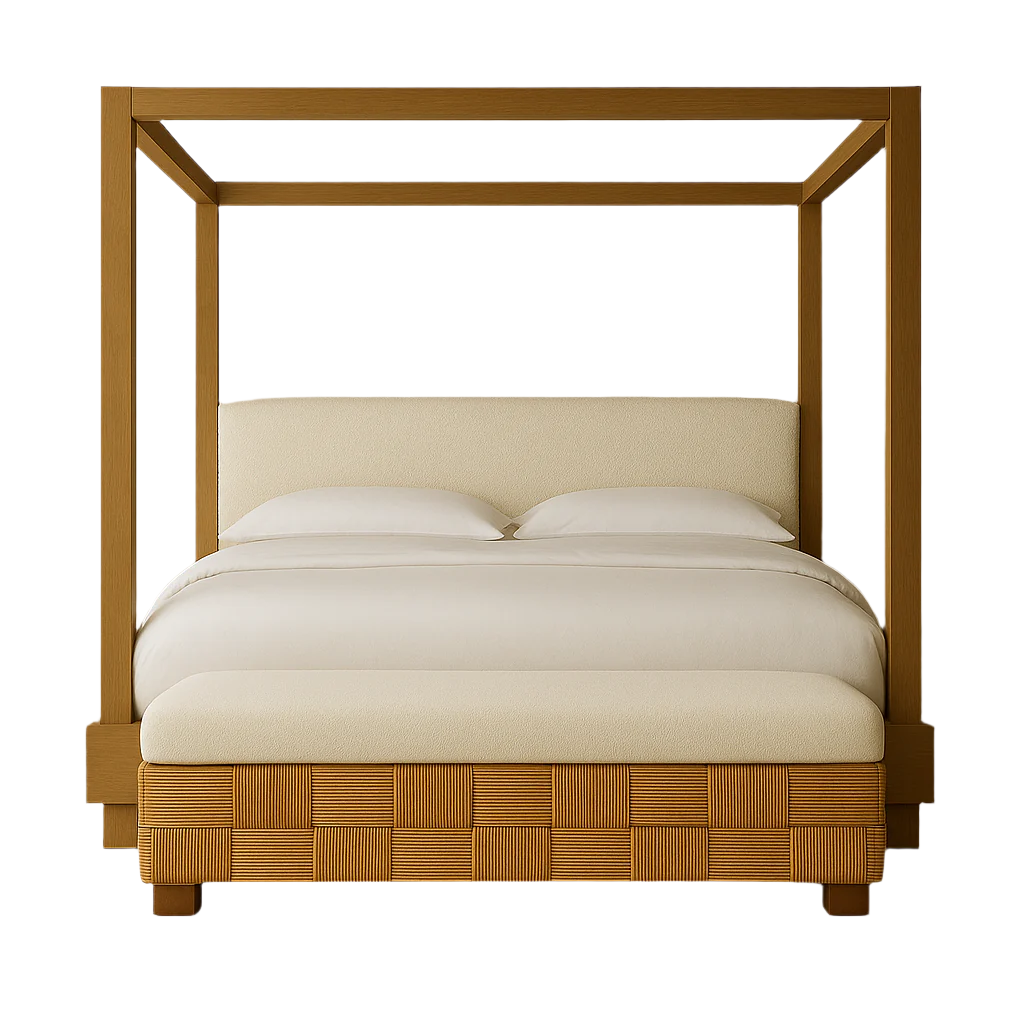 Front view of a teak four-poster bed with a warm natural wood frame, cream upholstered headboard and bedding, woven teak-patterned platform base and matching upholstered bench at the foot on a white background.