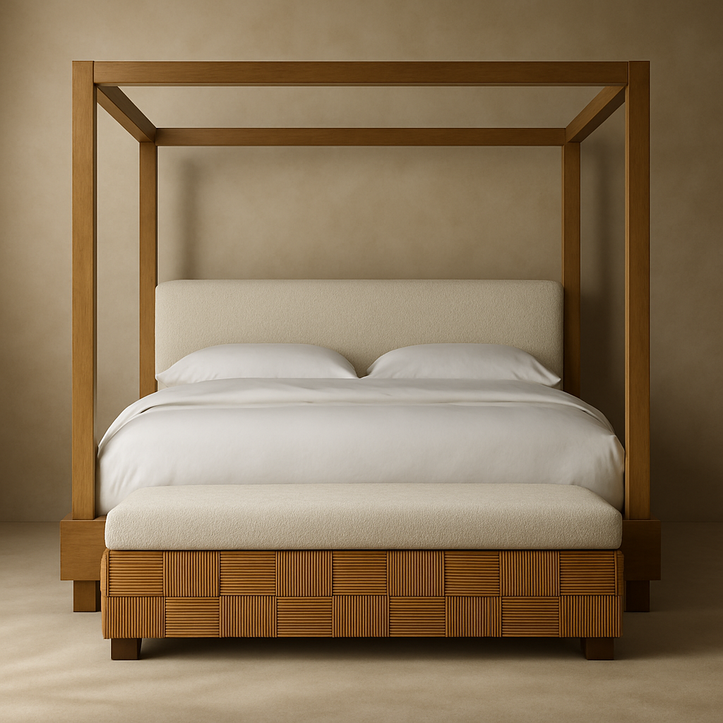 Front view of a natural teak four-poster bed with a padded beige upholstered headboard, crisp white bedding, and a woven teak bench at the foot in a minimalist mid-century modern setting.