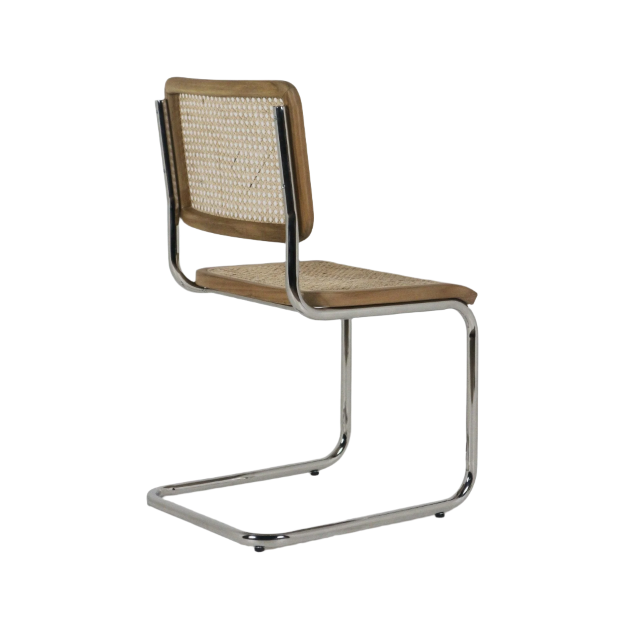 Armless dining chair with teak wood frame and woven rattan cane seat and back, supported by a polished aluminium cantilever metal base in a mid-century modern boho style.