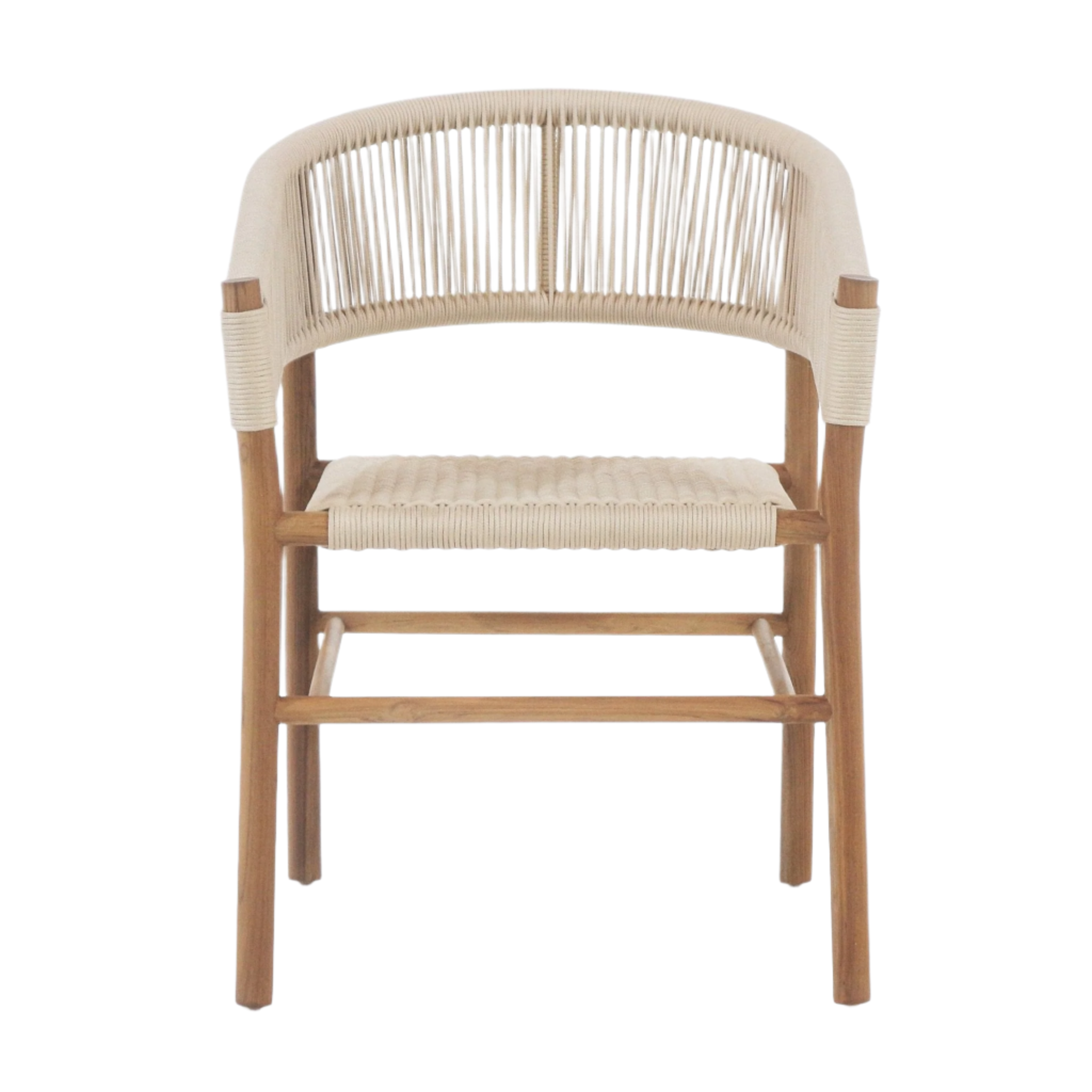 Front view of a teak dining chair with a curved back and armrests wrapped in cream polypropylene rope, a matching woven seat and natural solid wood frame in a coastal-contemporary style.