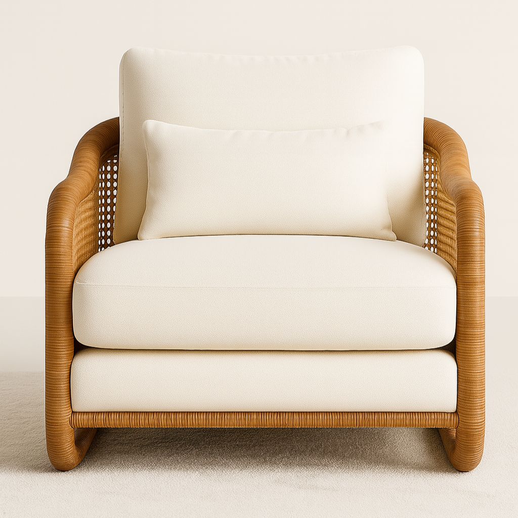Front-facing outdoor accent chair with a warm honey-toned all-weather rattan frame, rounded arms and cane-weave sides, paired with thick cream upholstered seat, back cushion and matching lumbar pillow on a neutral backdrop.