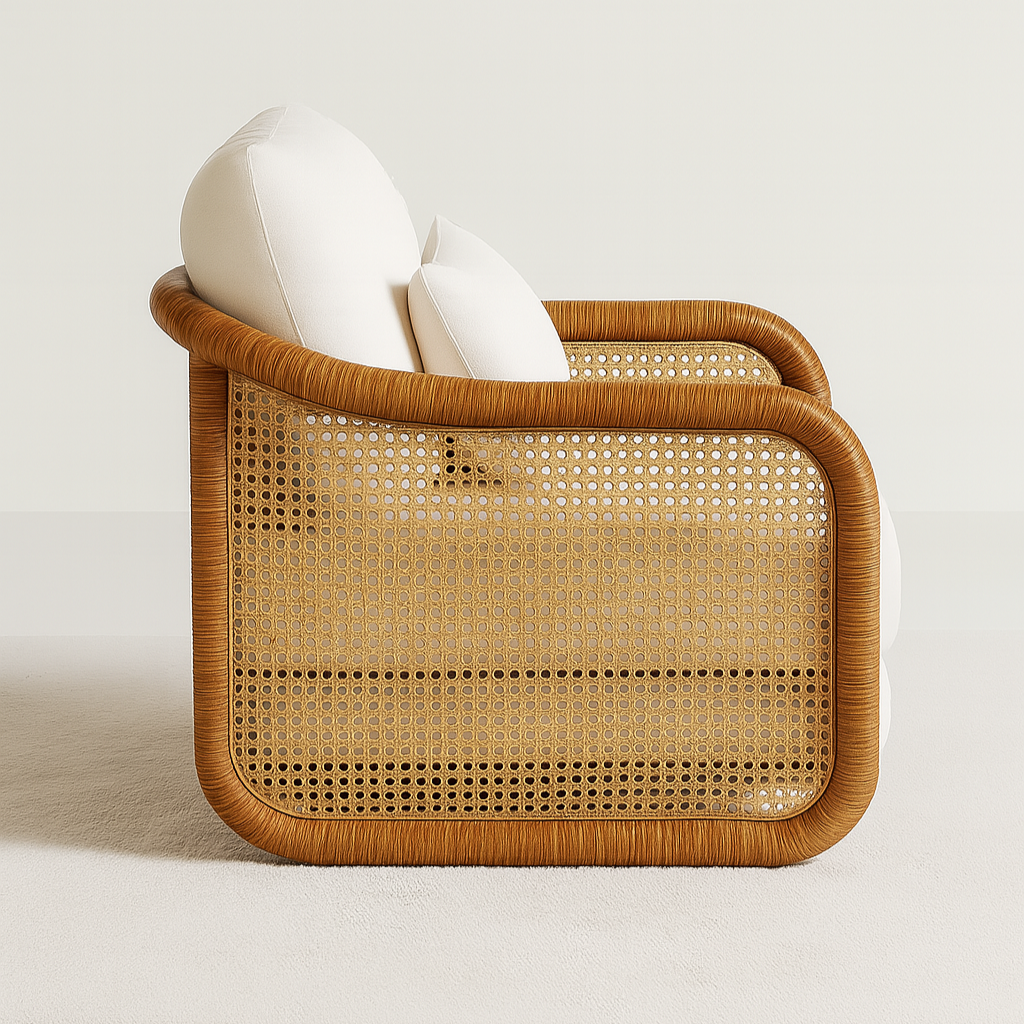 Side view of a natural rattan all-weather accent chair featuring woven cane side panels, a rounded rattan-wrapped frame and plush white cushions set against a neutral background.