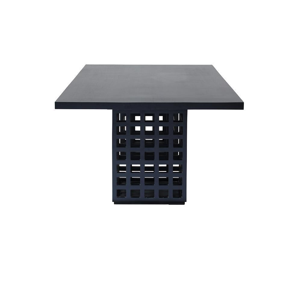 Front view of a modern solid-wood dining table in black mahogany with a thick rectangular top and a central box-style pedestal base featuring square grid cutouts on a white background.