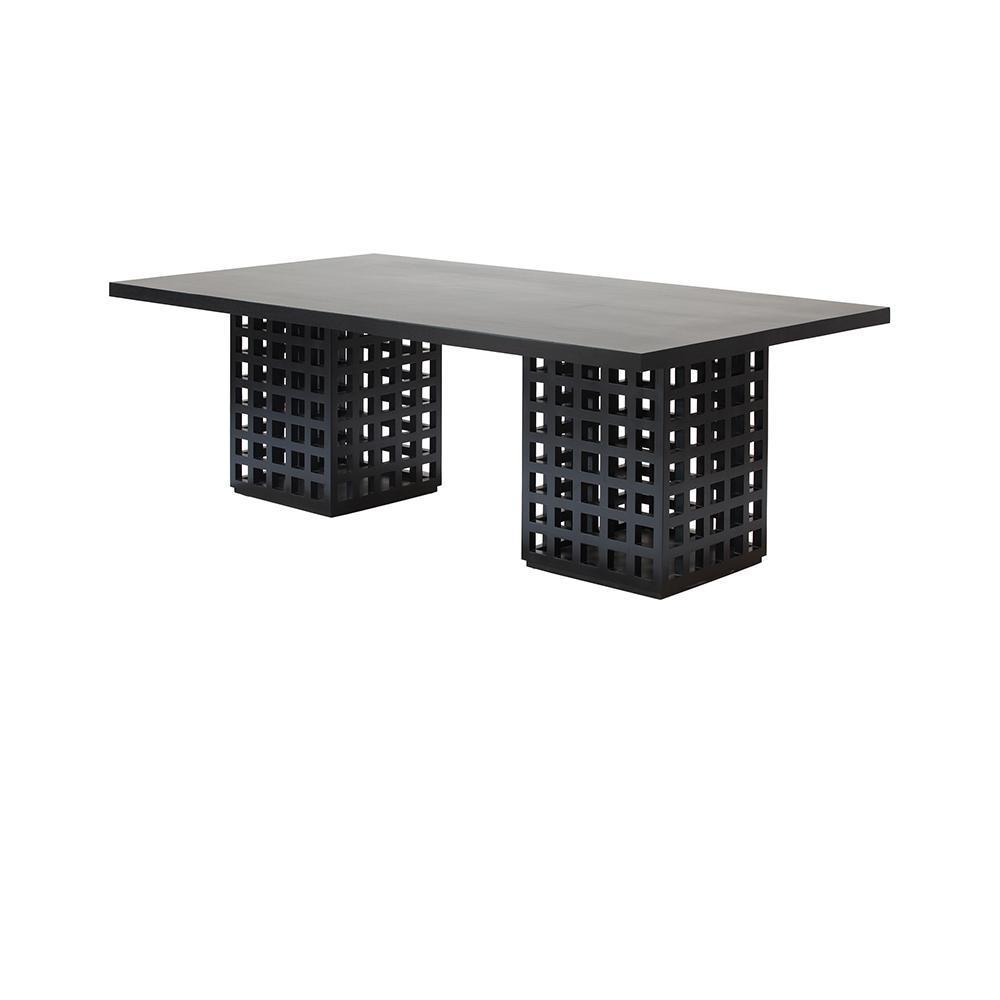 Modern black mahogany solid wood dining table with a slim rectangular top and two square lattice pedestal bases, shown on a white background.