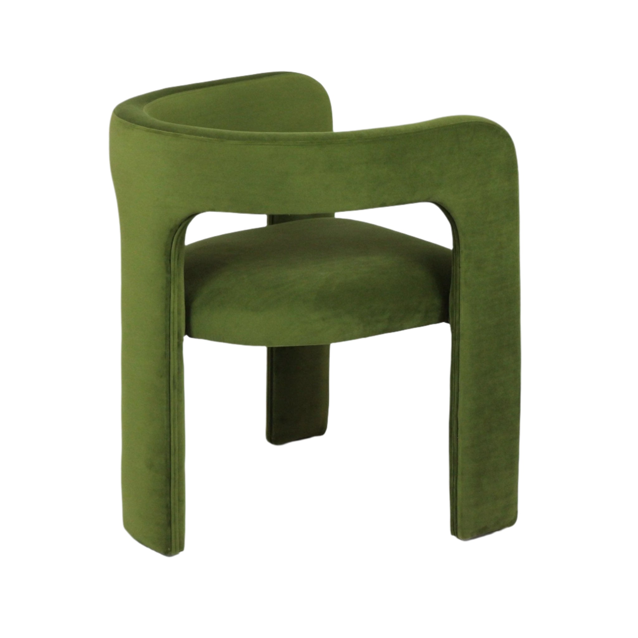 Modern dining chair upholstered in olive green mohair with a sculptural C-shaped open back, cushioned round seat and wrapped legs for a curved, contemporary dining silhouette.
