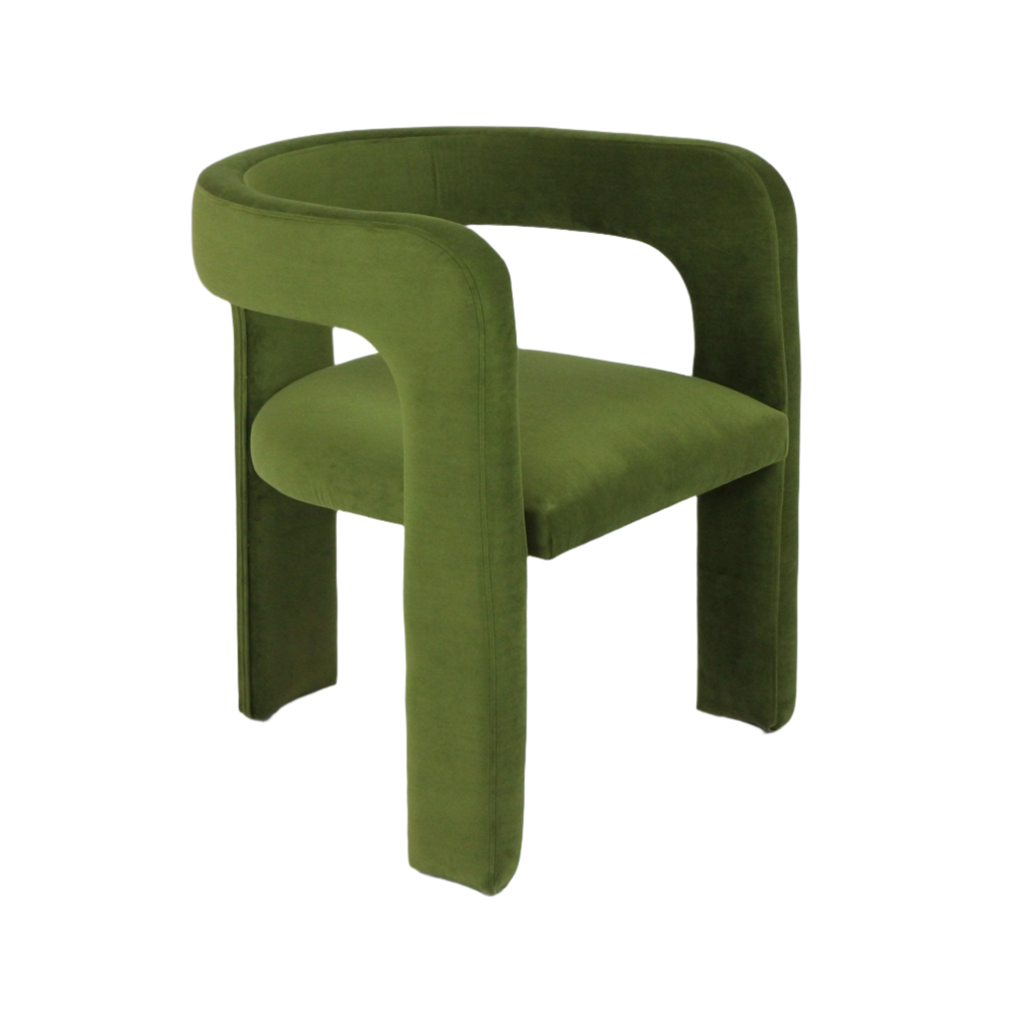 Modern green mohair-upholstered dining chair with a C-shaped curved back, integrated arms and cushioned seat, fully upholstered over a wooden frame against a white background.
