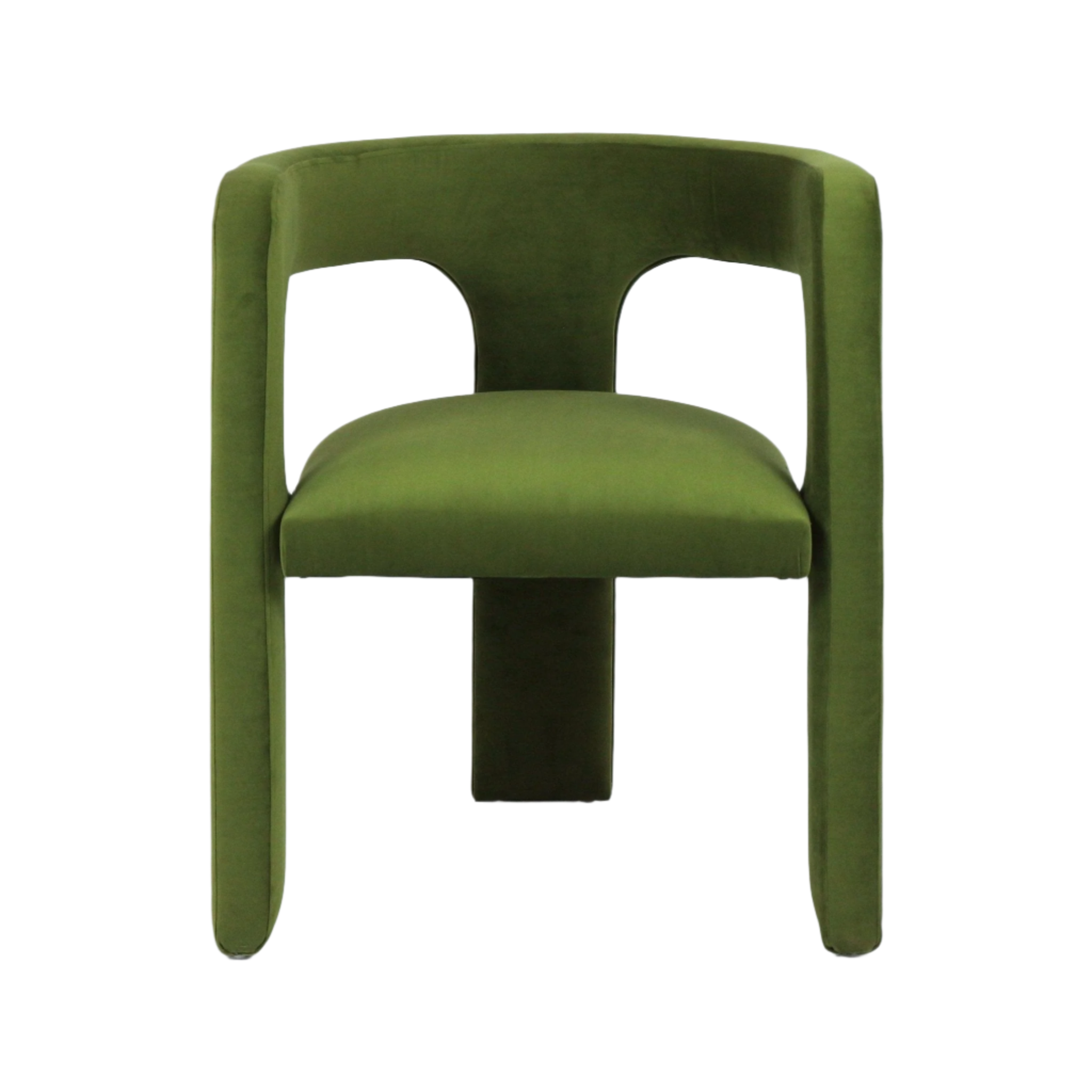 Front view of a modern C-back dining chair upholstered in olive green mohair, featuring a curved full back with open side cutouts, cushioned seat and wrap-around arms, supported by continuous upholstered legs and a central rear support.