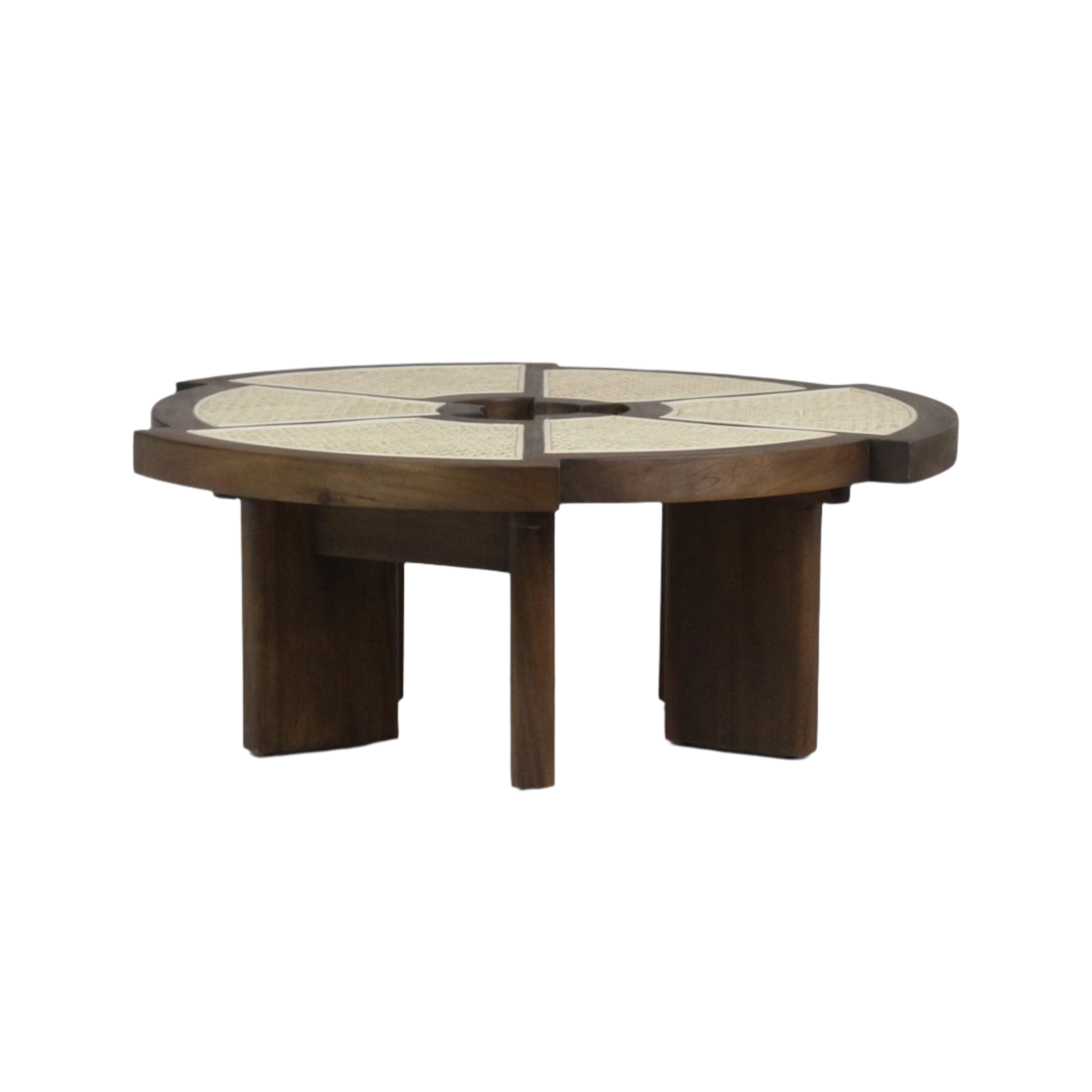 Low round teak coffee table with radial cane inlay panels, central circular cutout and chunky mid-century modern solid-wood legs in a warm brown finish.
