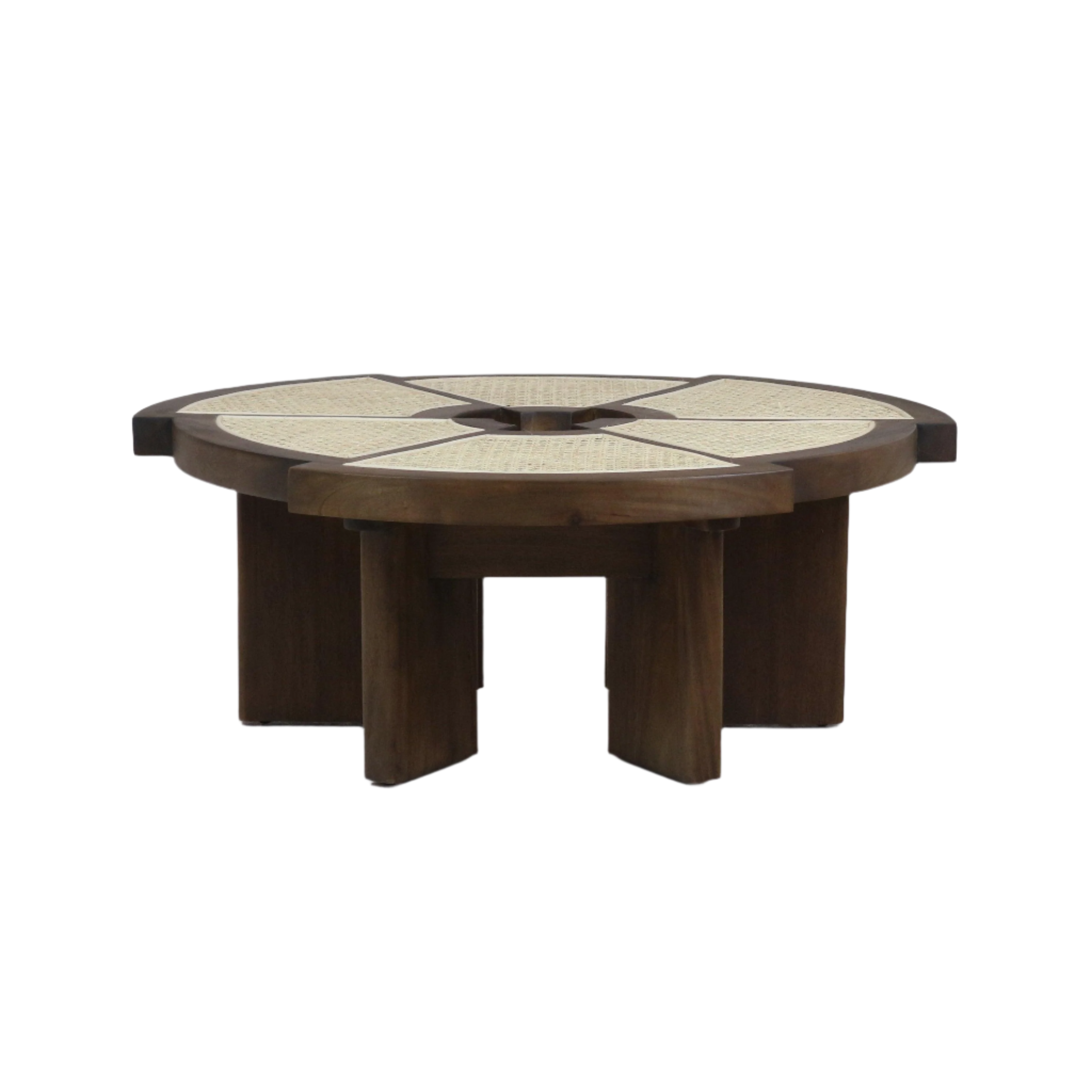 Low-profile round teak coffee table with woven cane inlay panels divided into six segments, warm brown teak finish and solid oak multi-leg base in mid-century modern style.