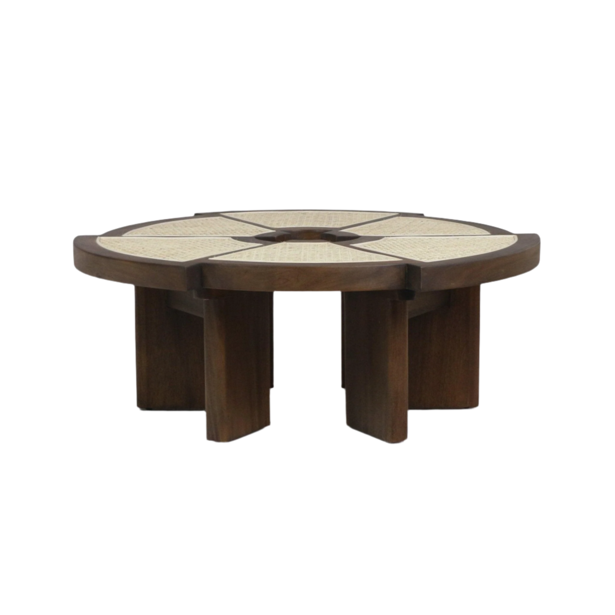 Low round teak coffee table with segmented woven cane inlay panels, a thick rounded rim and multiple solid-wood block legs in a warm teak finish, styled for mid-century modern living rooms.