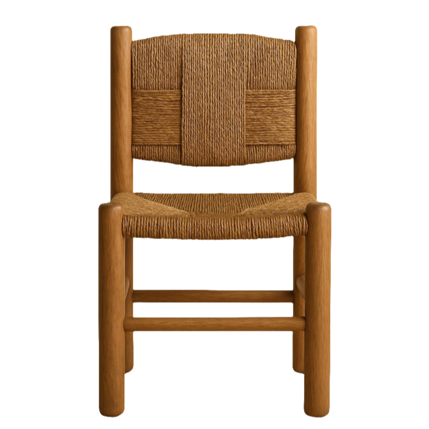 Front view of a rustic teak dining chair with rounded solid-wood frame and handwoven natural-fiber seat and back in warm teak brown, armless silhouette with sturdy rounded legs and horizontal stretchers.