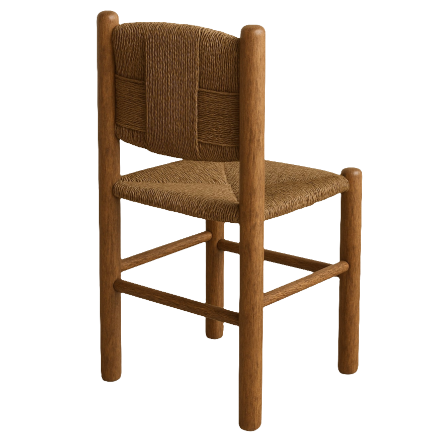 Rustic teak dining chair with rounded solid-wood frame and handwoven natural brown seat and back, armless side chair shown in a three-quarter rear view on a white background.