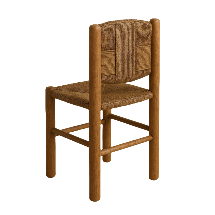 Three-quarter rear view of an armless rustic teak dining chair with rounded solid-wood frame and handwoven natural-fiber seat and back in a warm teak-brown finish.