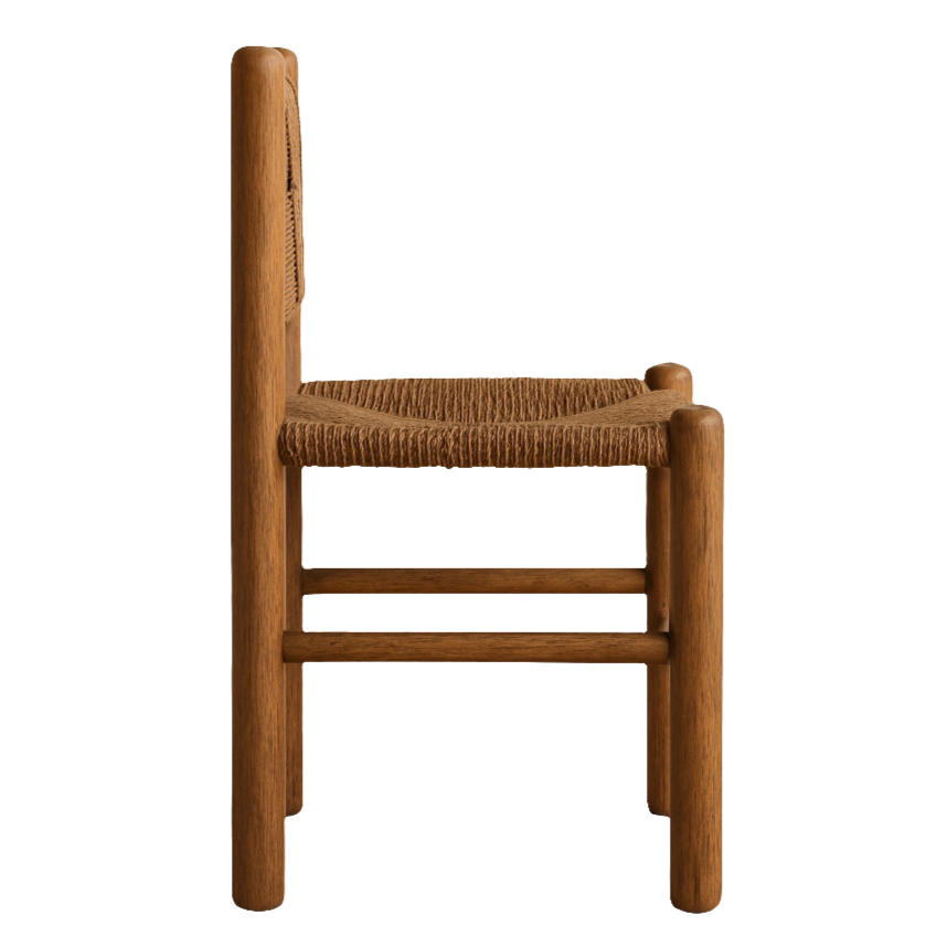 Side profile of a rustic teak dining chair with a rounded solid-wood frame, handwoven natural-fiber seat and horizontal stretcher bars, shown against a white background.
