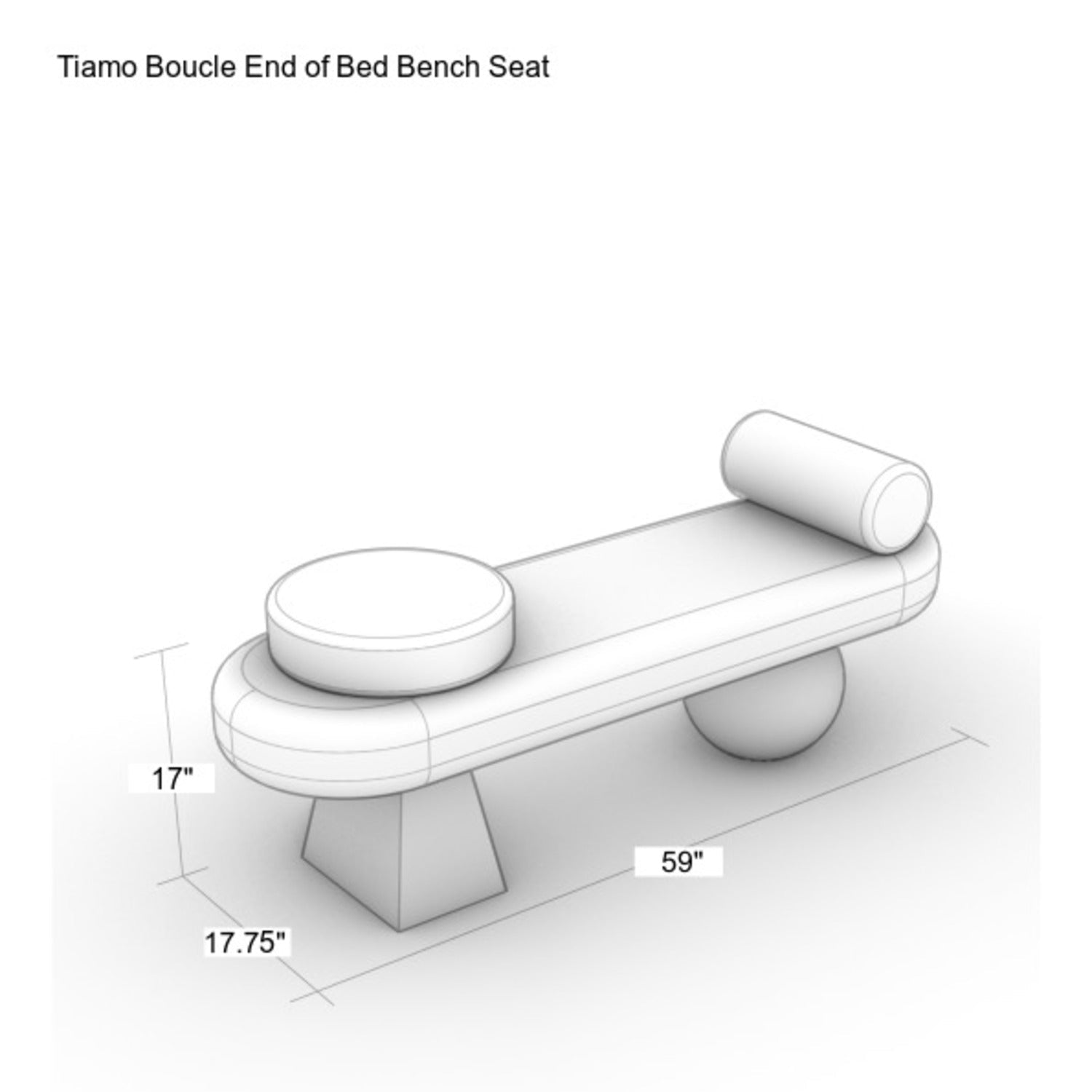 Illustration of a modern boucle-upholstered end-of-bed bench with a round seat cushion and cylindrical bolster, resting on contrasting geometric wood legs (rectangular pedestal and spherical base); labeled dimensions 59 in L x 17 in H x 17.75 in D.