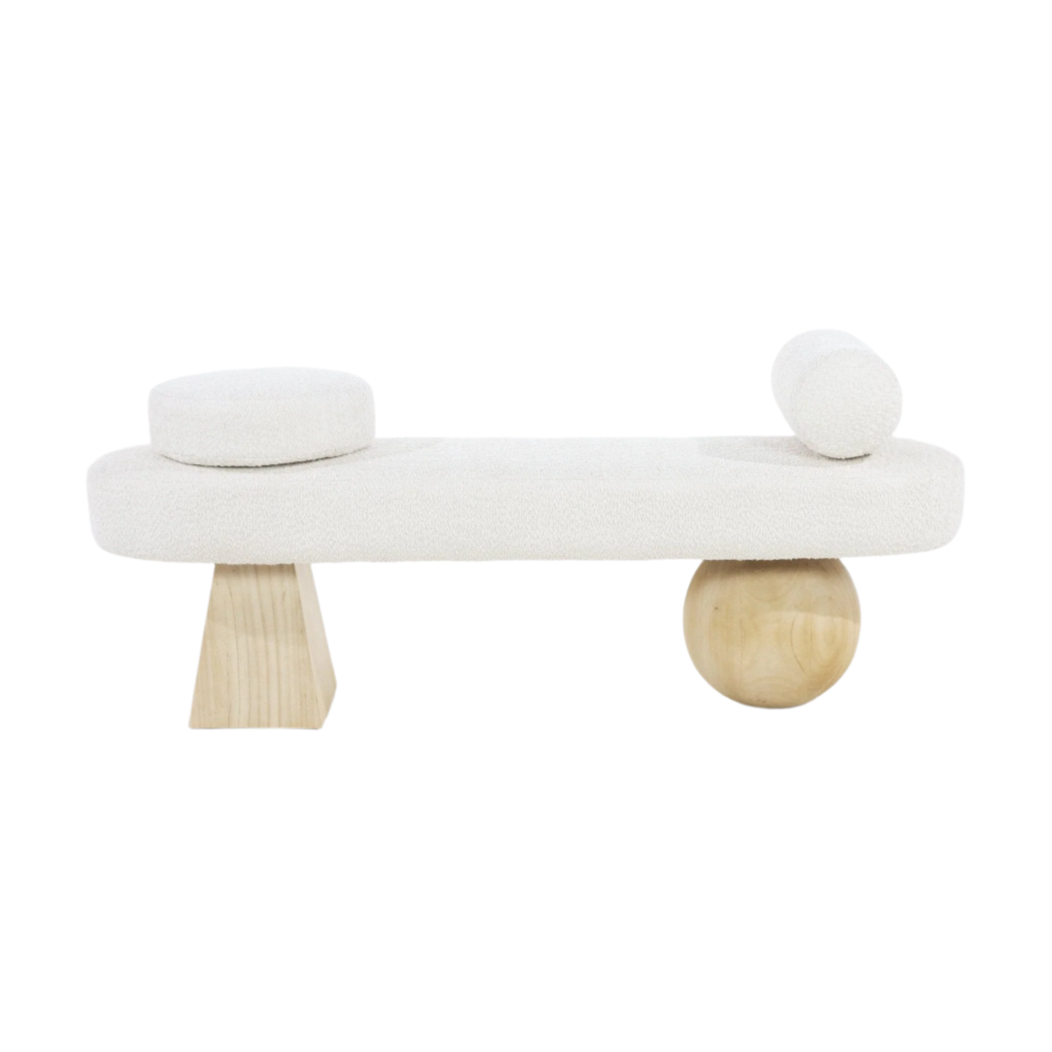 Backless modern end-of-bed bench upholstered in ivory boucle fabric with natural wood legs — a tapered block leg on one side and a round ball leg on the other — topped with two small round cushions.