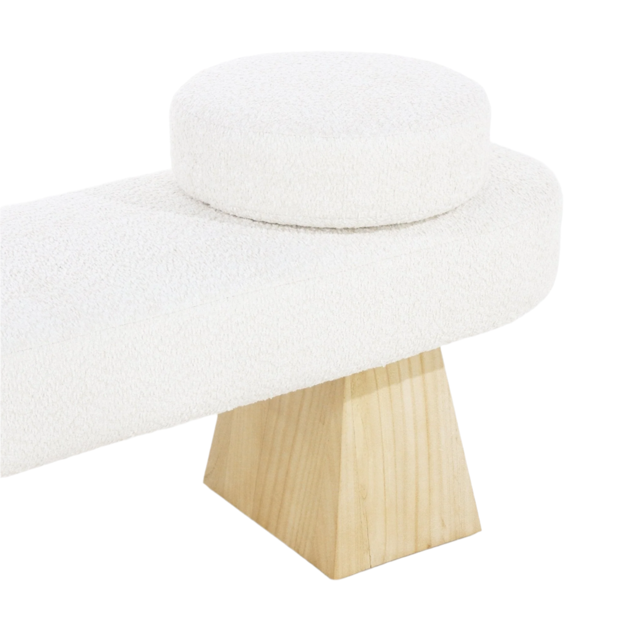 Close-up of an off-white boucle upholstered bench seat with a round bolster cushion and a natural wood tapered leg, highlighting textured fabric and minimalist modern design.