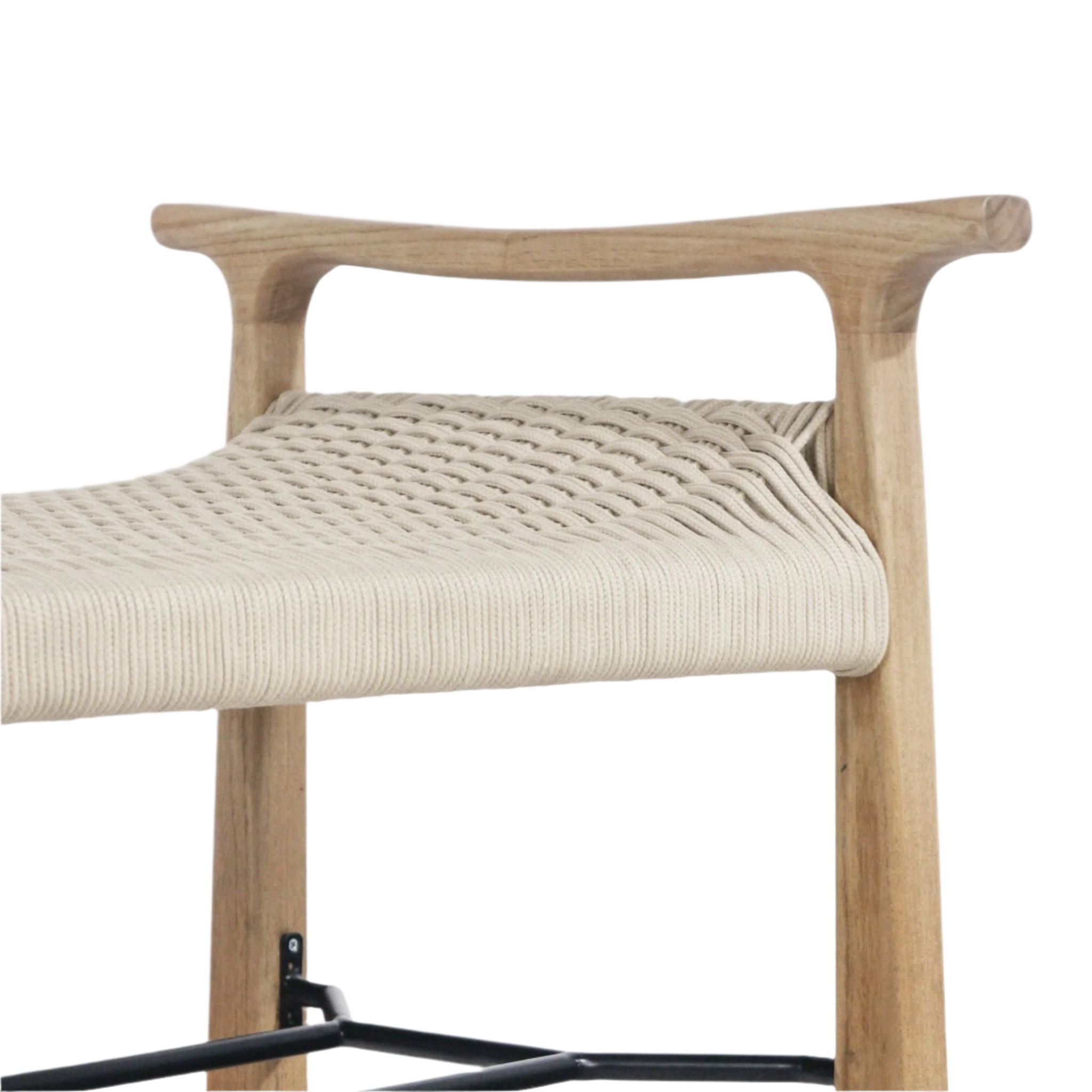 Close-up of a modern entryway bench featuring a beige woven rope seat wrapped over a curved natural wood frame with a black metal support bar visible beneath.