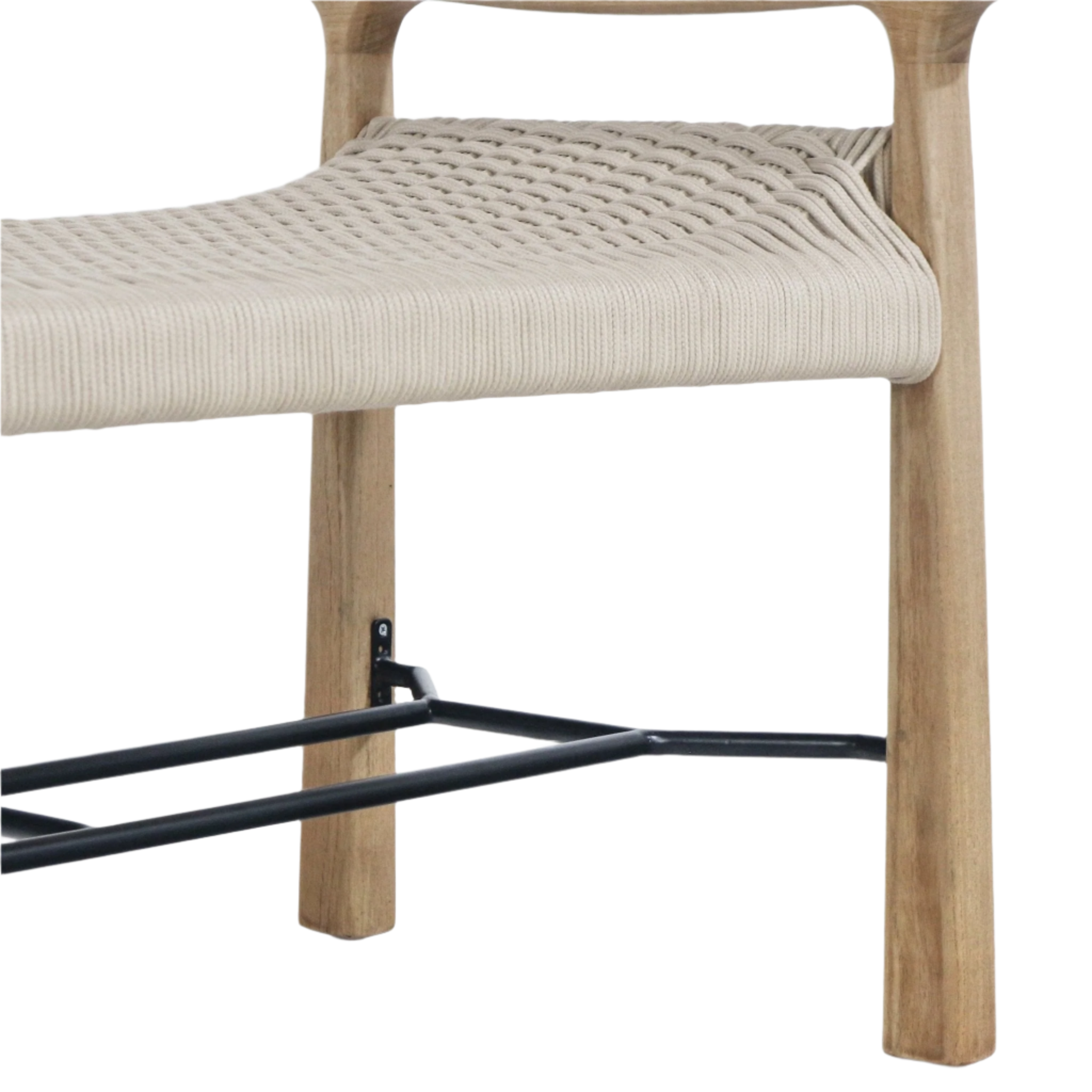 Close-up of a modern entryway bench showing a beige woven rope seat, natural wood legs and a black metal shoe rack/frame underneath.