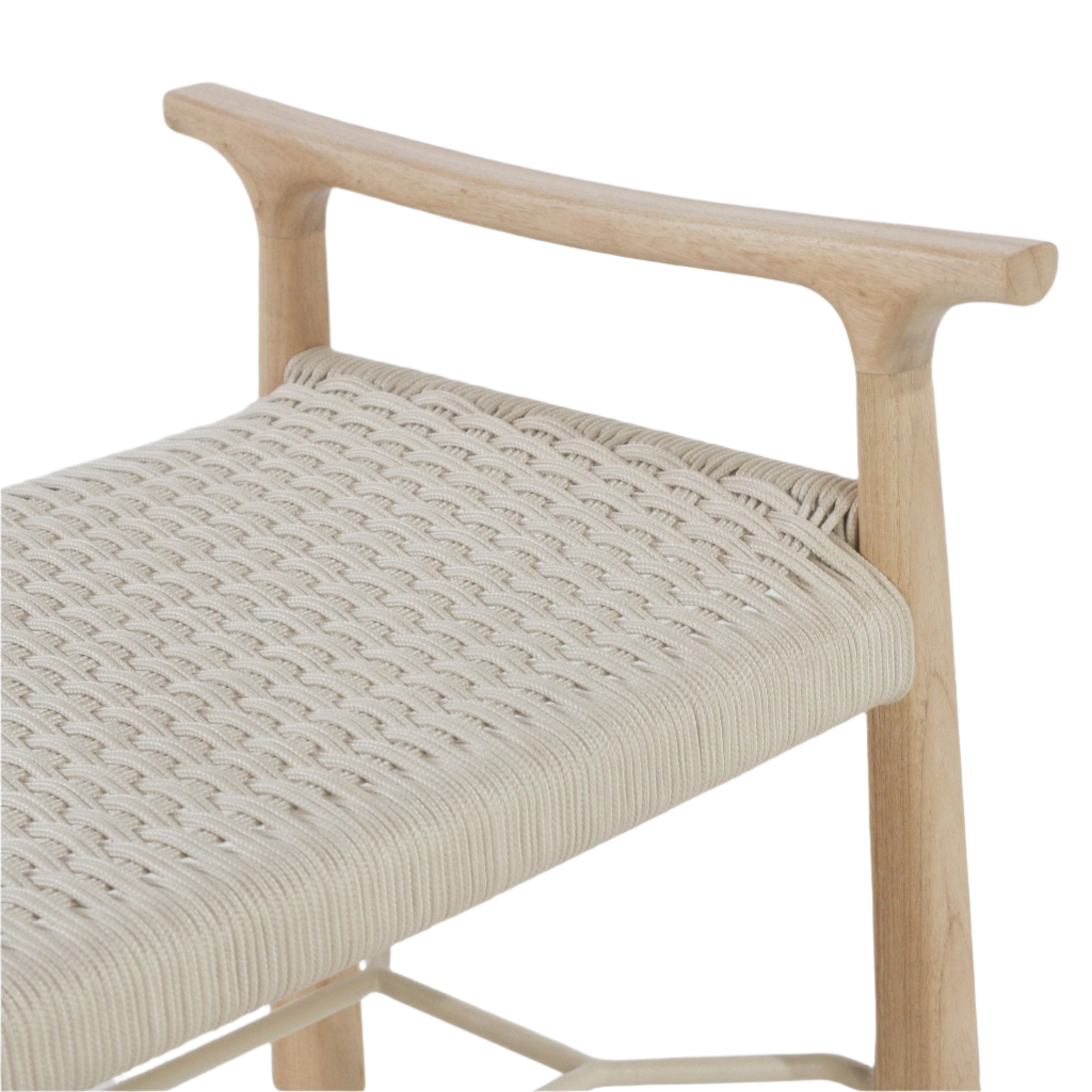 Close-up of a modern entryway bench showing a natural wood arm and frame with a light beige woven rope seat featuring a braided texture and a slim metal support bar visible beneath.