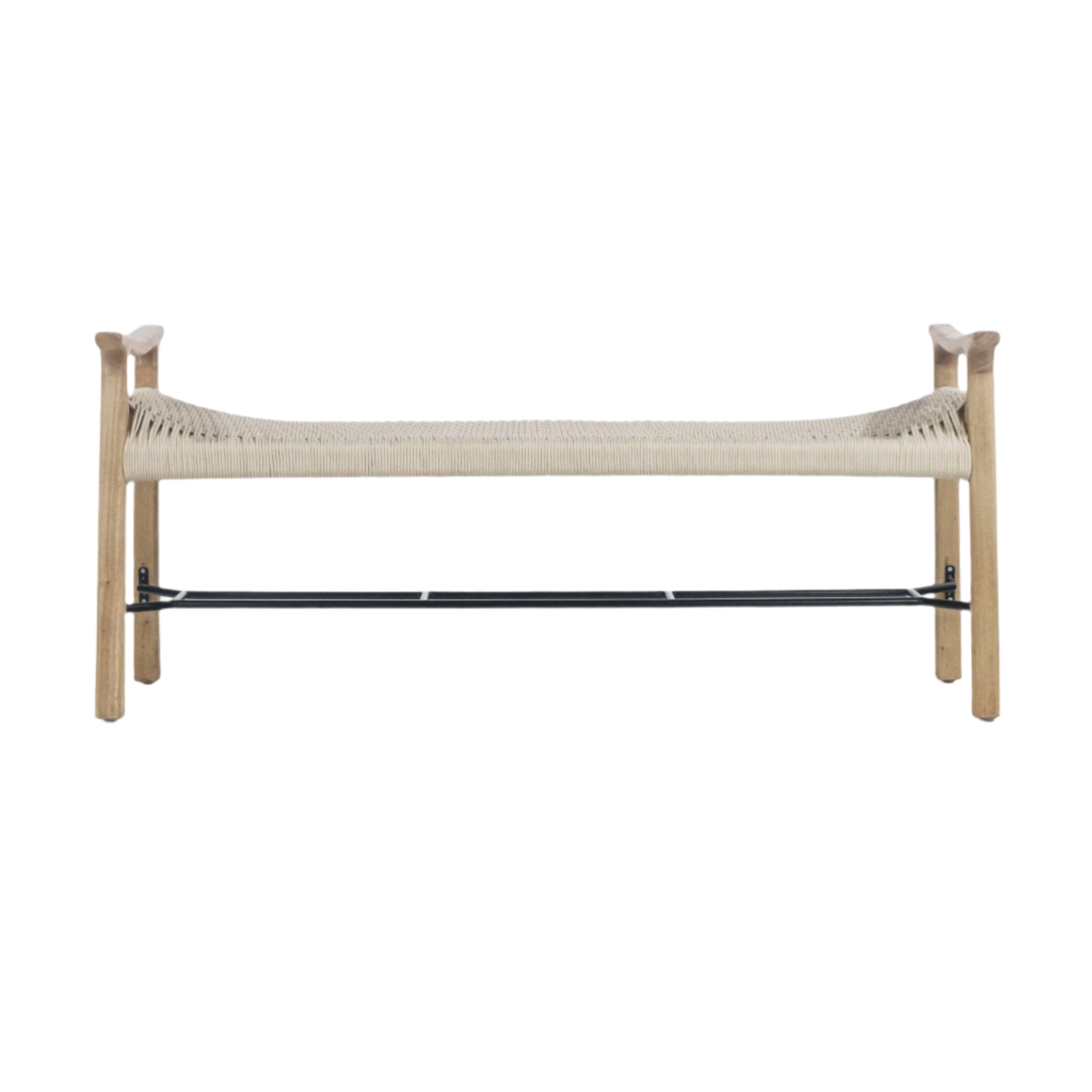 Beige woven rope-seat entryway bench with a natural wood frame and sculpted ends, supported by a black metal shoe-rack underneath for storage, shown on a white background.