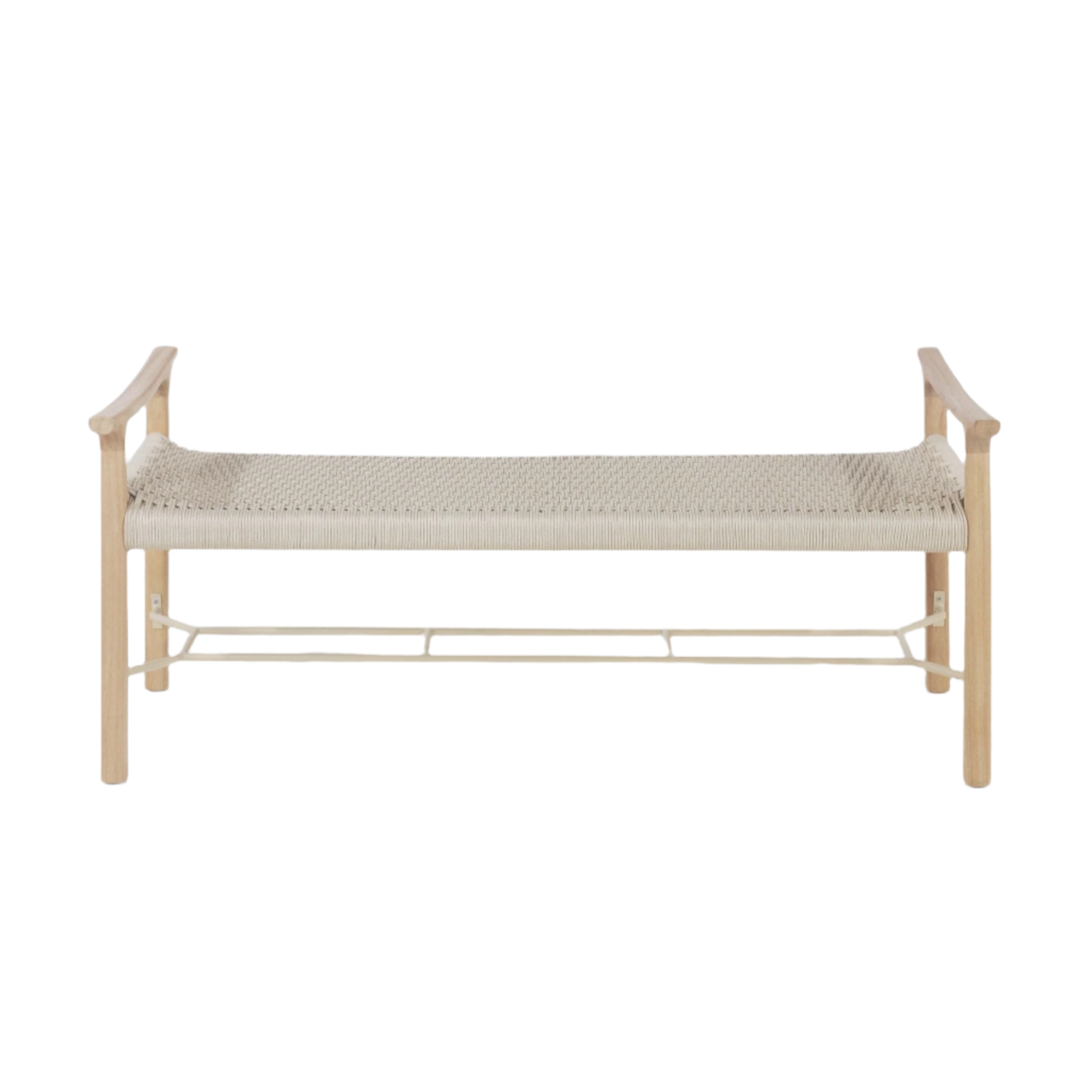 Scandinavian-style entryway bench with a beige woven rope seat, natural wood frame with short arms and a cream metal shoe rack underneath, shown on a white background.