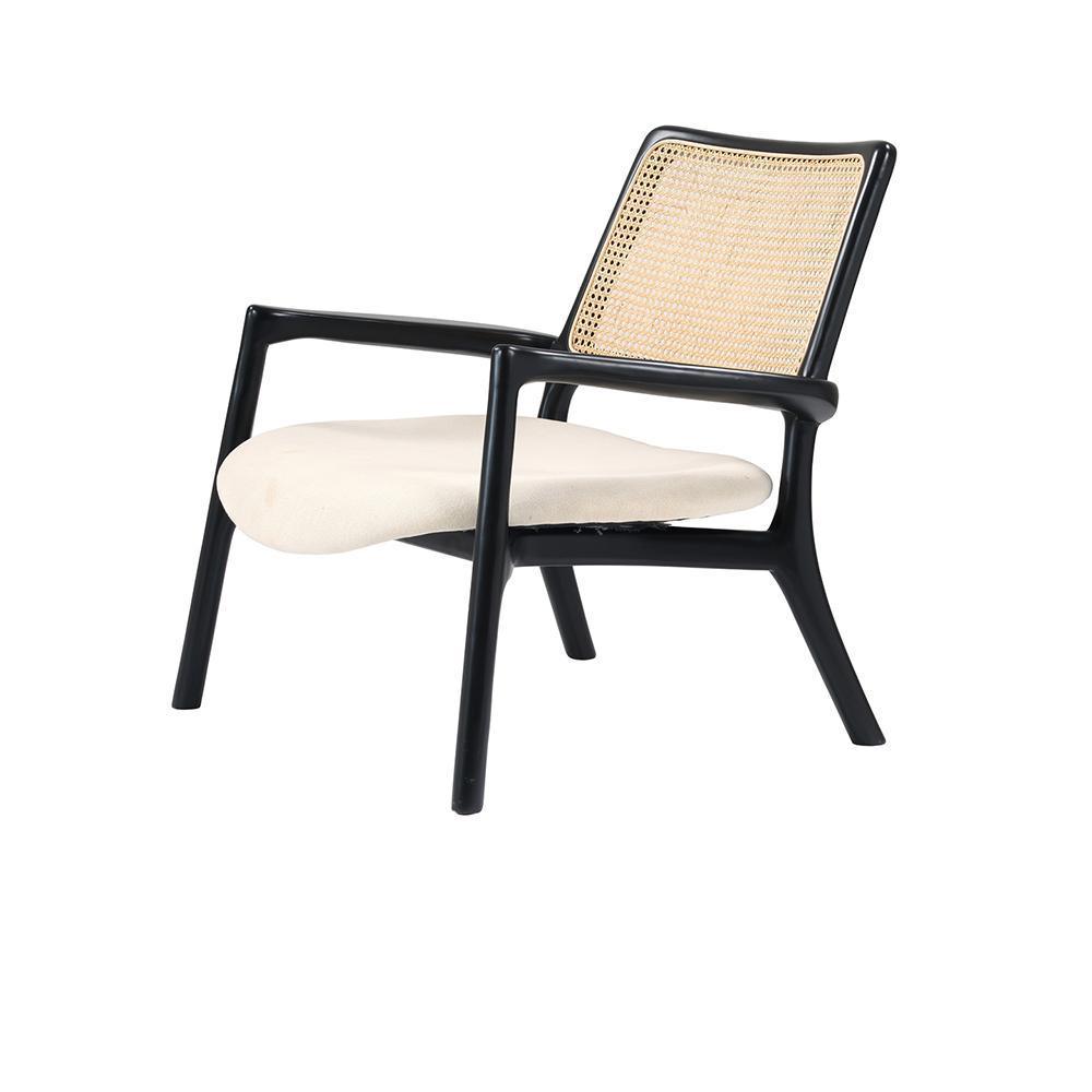 Modern mahogany wooden lounge chair with woven cane backrest and an off-white upholstered fabric seat, low angled legs and integrated wooden arms.