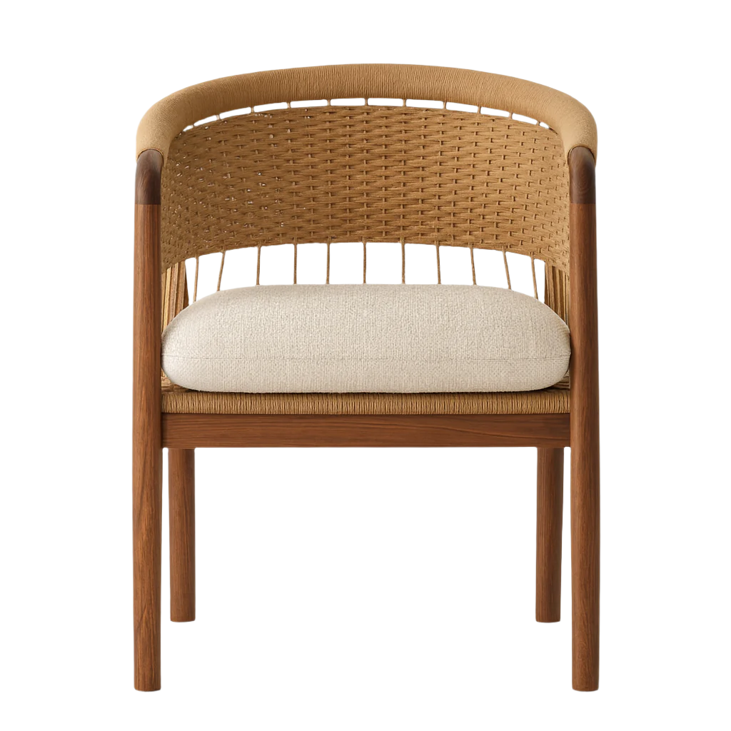 Front view of a chair with a curved woven rattan back, warm wood frame and round legs, and a thick cream upholstered seat cushion.