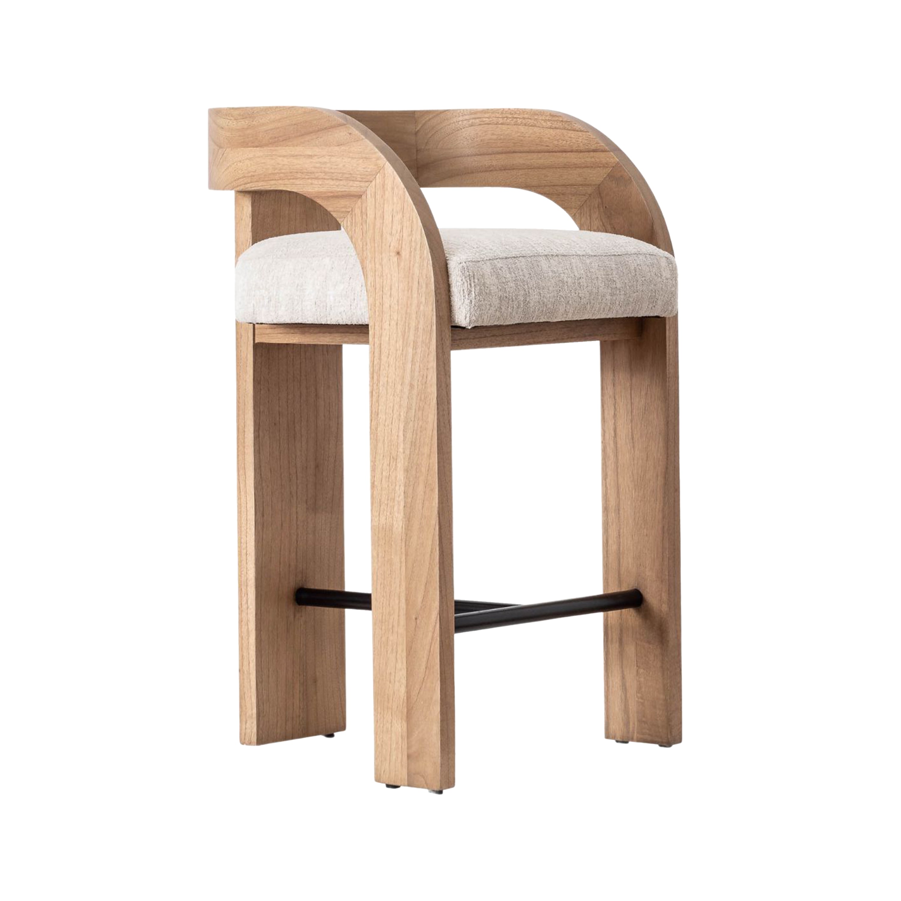 Counter-height stool with a cream fabric-upholstered seat, curved U-shaped natural wood back and armrests, and a black metal footrest in a modern Scandinavian style.