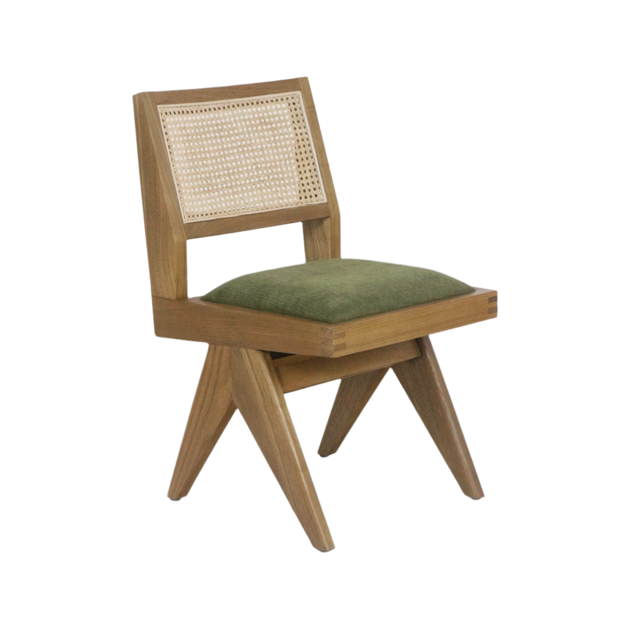 Armless side chair with a solid ash wood frame, woven cane backrest and green upholstered seat cushion, featuring angled mid-century modern legs and visible dovetail corner details on the seat frame.