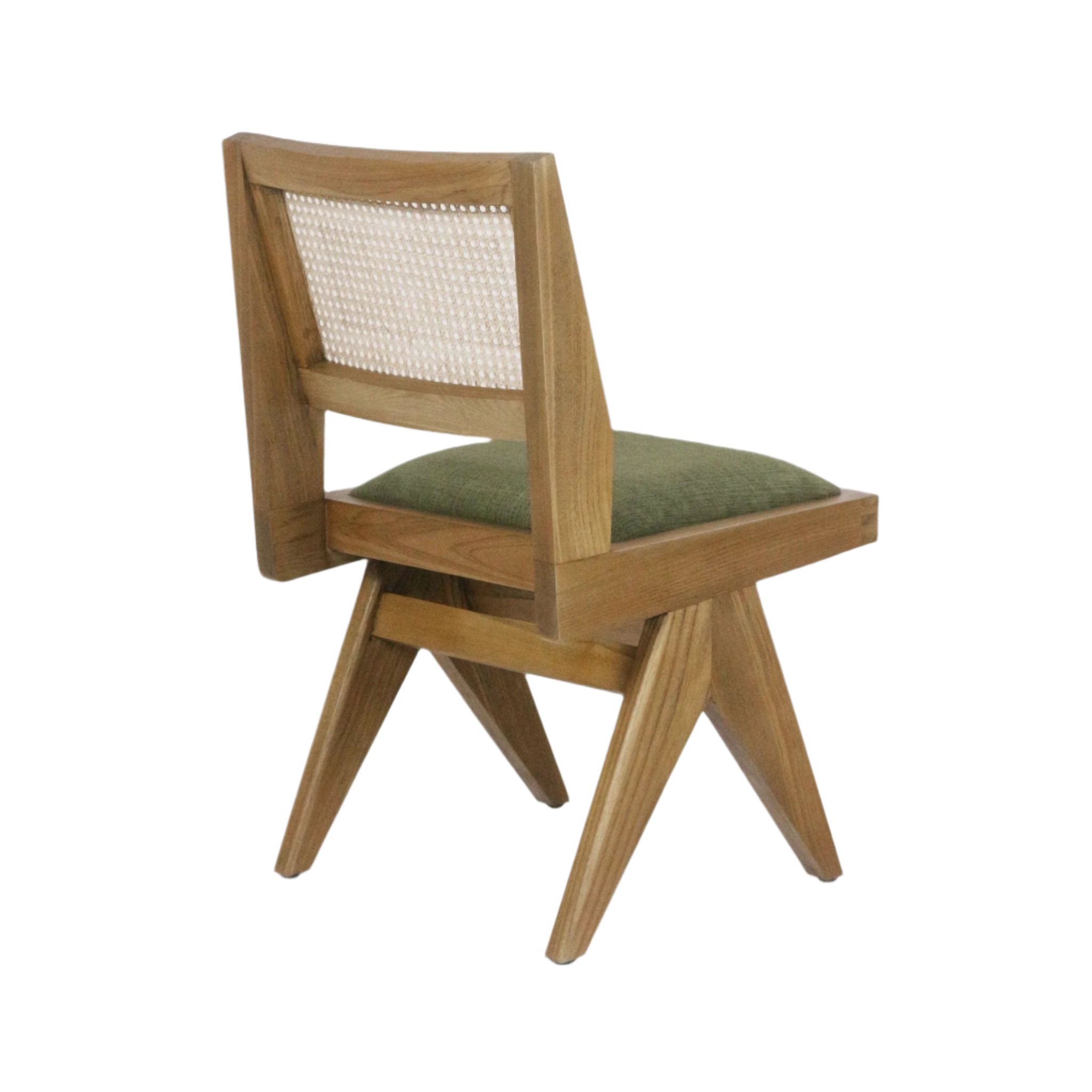 Armless mid-century modern side chair with a natural ash wood frame, woven cane back panel and green upholstered seat, shown from a rear three-quarter angle highlighting the angled legs.