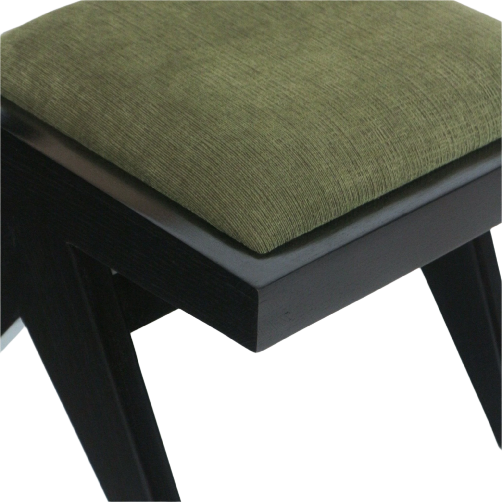 Close-up of an olive-green chenille-upholstered seat cushion on a black solid-wood armless dining chair, highlighting the textured fabric, padded edge, and angled leg.