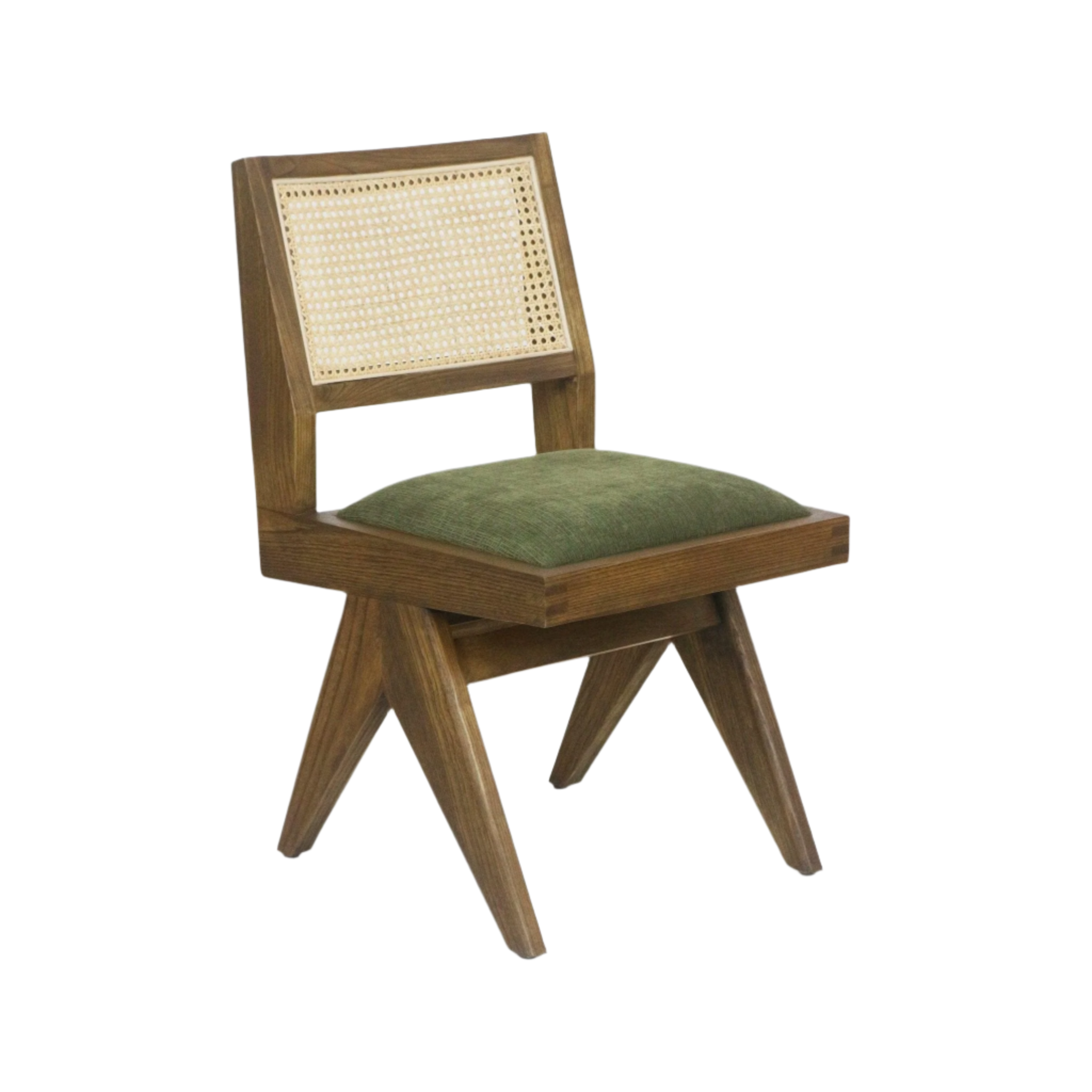 Armless side chair with a medium-brown solid ash frame, woven cane backrest, green upholstered seat cushion and angled splayed legs in a mid-century modern silhouette.