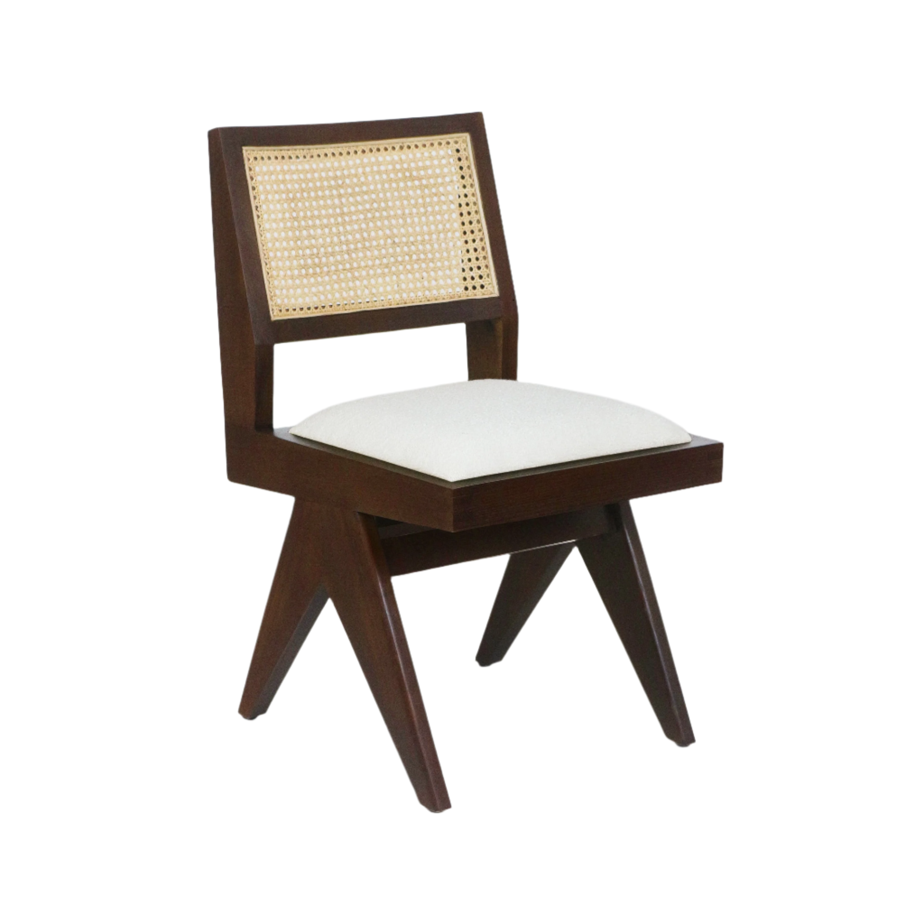 Armless mid-century modern dining chair with dark walnut solid wood frame, woven natural cane back and cream upholstered seat cushion.