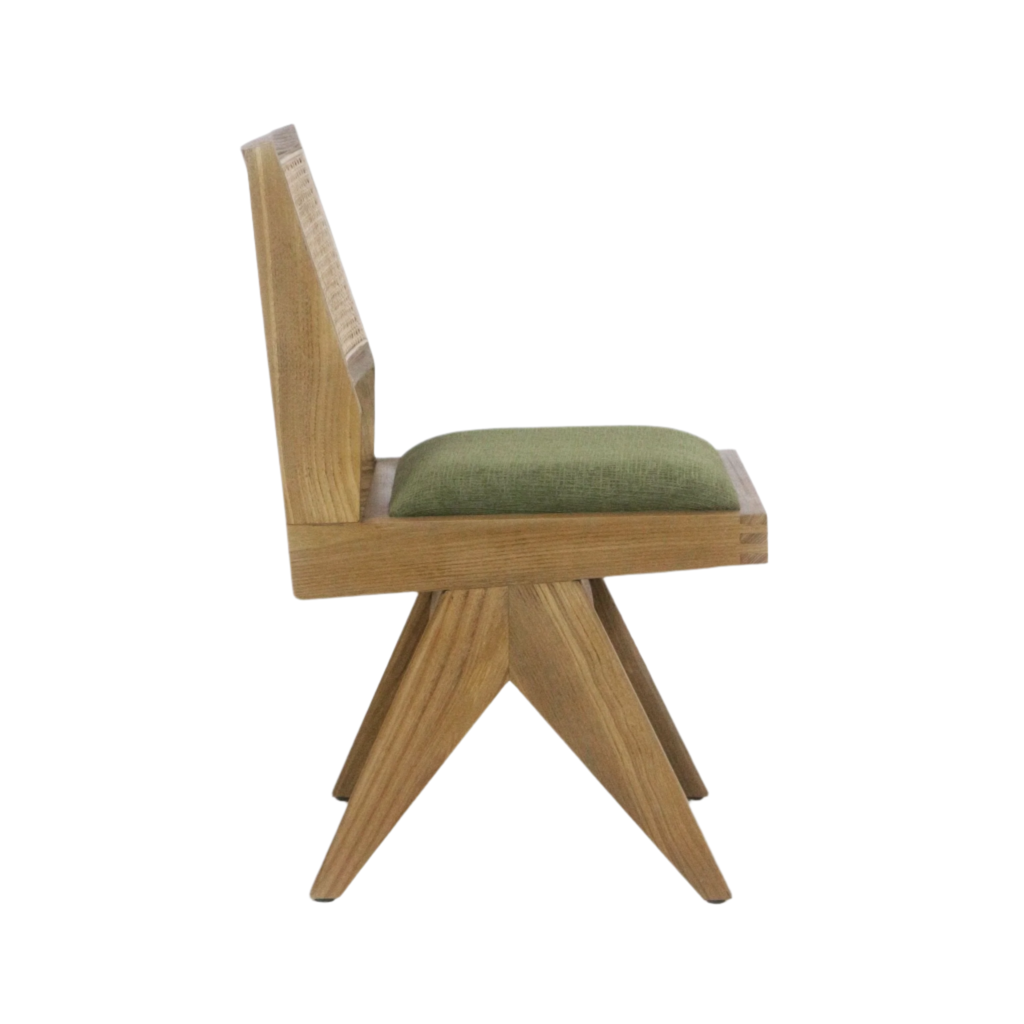 Side profile of an armless mid-century modern dining chair in natural ash with an angular four-point star base, low wooden back and a green chenille upholstered seat cushion.