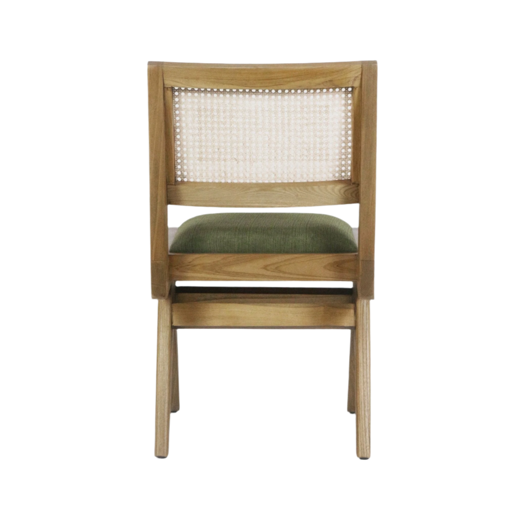 Rear view of an armless dining chair in natural blonde solid wood with a woven cane back and green upholstered seat in a mid-century modern style.