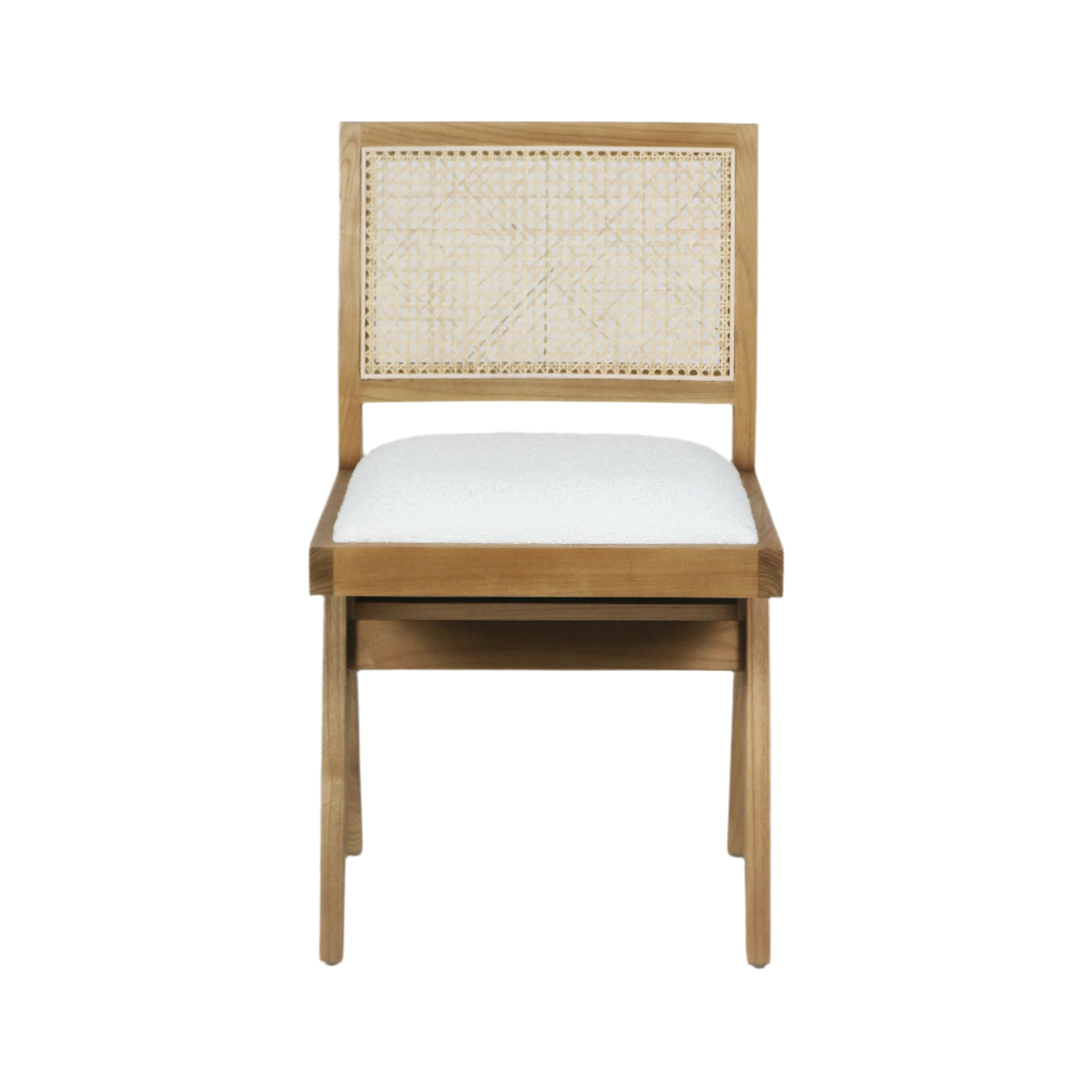 Front view of an armless dining side chair with a natural blonde solid wood frame, woven cane backrest and cream boucle upholstered seat in a mid-century modern style.
