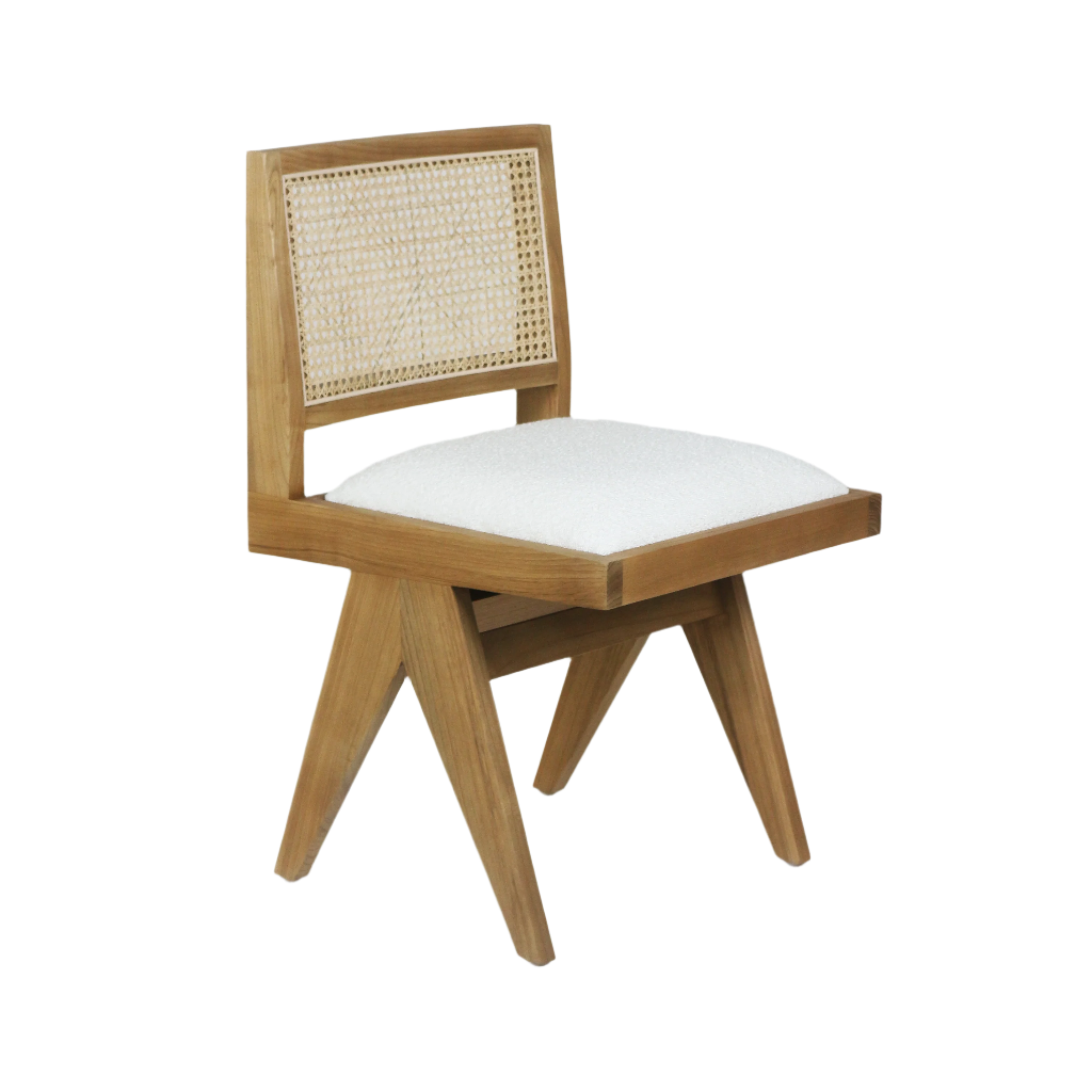 Armless dining side chair with a natural blonde solid wood frame, woven cane backrest and cream boucle upholstered seat on angled mid-century modern legs.