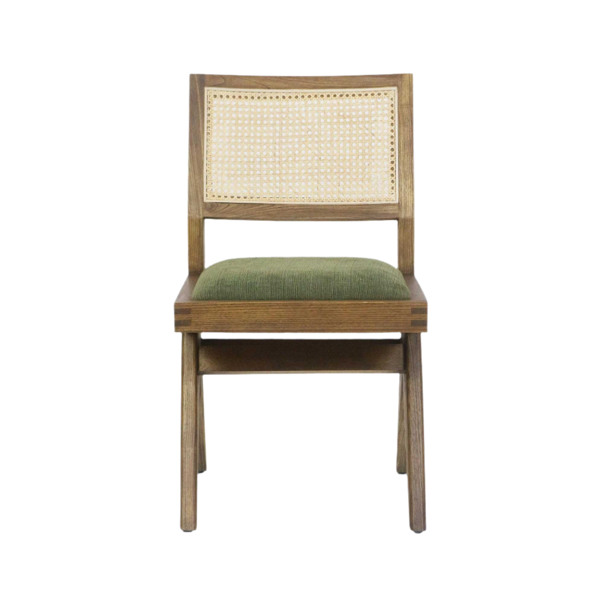 Front view of an armless dining side chair with a solid ash natural wood frame, woven cane backrest and green chenille upholstered seat cushion in a mid-century modern style.