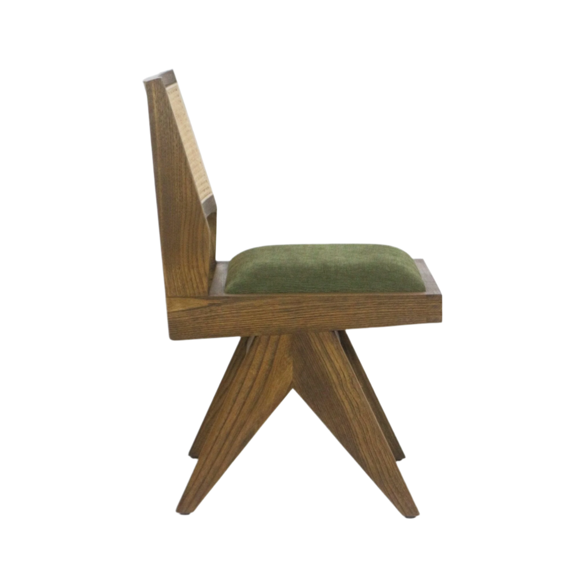 Side profile of an armless side chair with a green chenille-upholstered seat set into a solid ash wood frame and distinctive splayed, star-shaped legs on a white background.