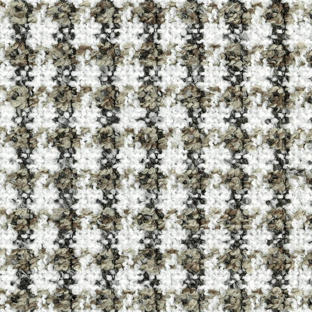 Close-up of white, beige and gray boucle upholstery fabric showing a small check grid and looped texture; 70% acrylic, 30% polyester fabric suited for contemporary sofas.