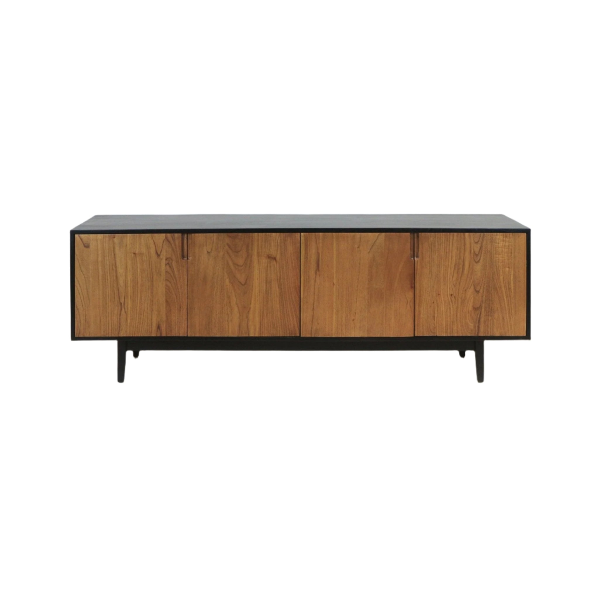 Long mid-century modern teak sideboard with four natural teak doors set in a slim black metal frame and tapered black legs, offering low-profile storage for living rooms.
